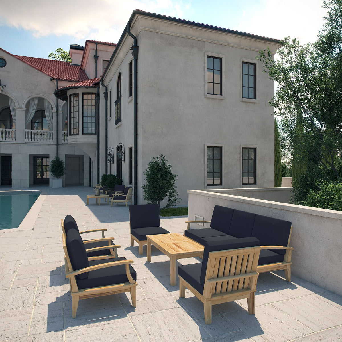 Modway Marina 6 Piece Outdoor Patio Teak Sofa Set in Natural Navy