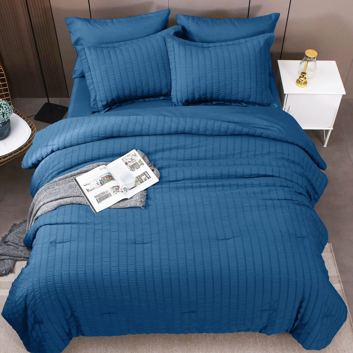 Hymokege Teal King Size Comforter Set Seersucker 7 Pieces, All Season Luxury Bed In A Bag For Bedroom, Bedding Set With Comforte