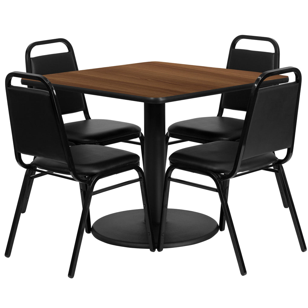 Flash Furniture Jamie 36'' Square Walnut Laminate Table Set With Round Base And 4 Black Trapezoidal Back Banquet Chairs