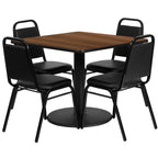 Flash Furniture Jamie 36'' Square Walnut Laminate Table Set With Round Base And 4 Black Trapezoidal Back Banquet Chairs