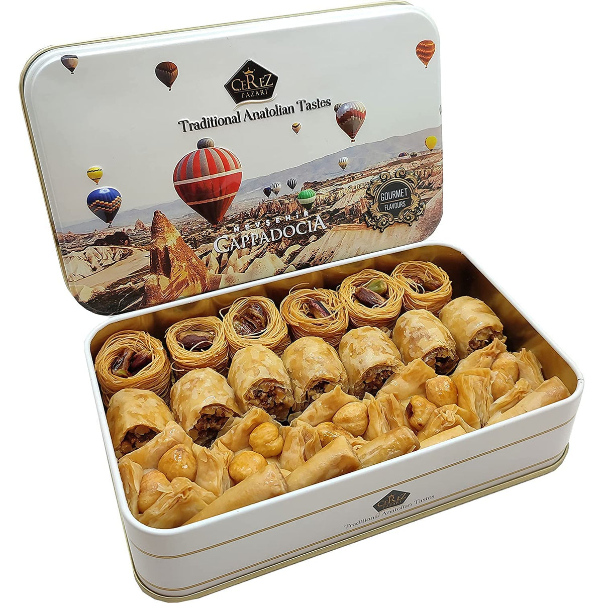 Cerez Pazari Premium Assorted Baklava Pastry Gift Basket Small Tin Box 847 Oz Apprx22-23 Pcs  Turkish Pistachio, Walnut, Cashew,