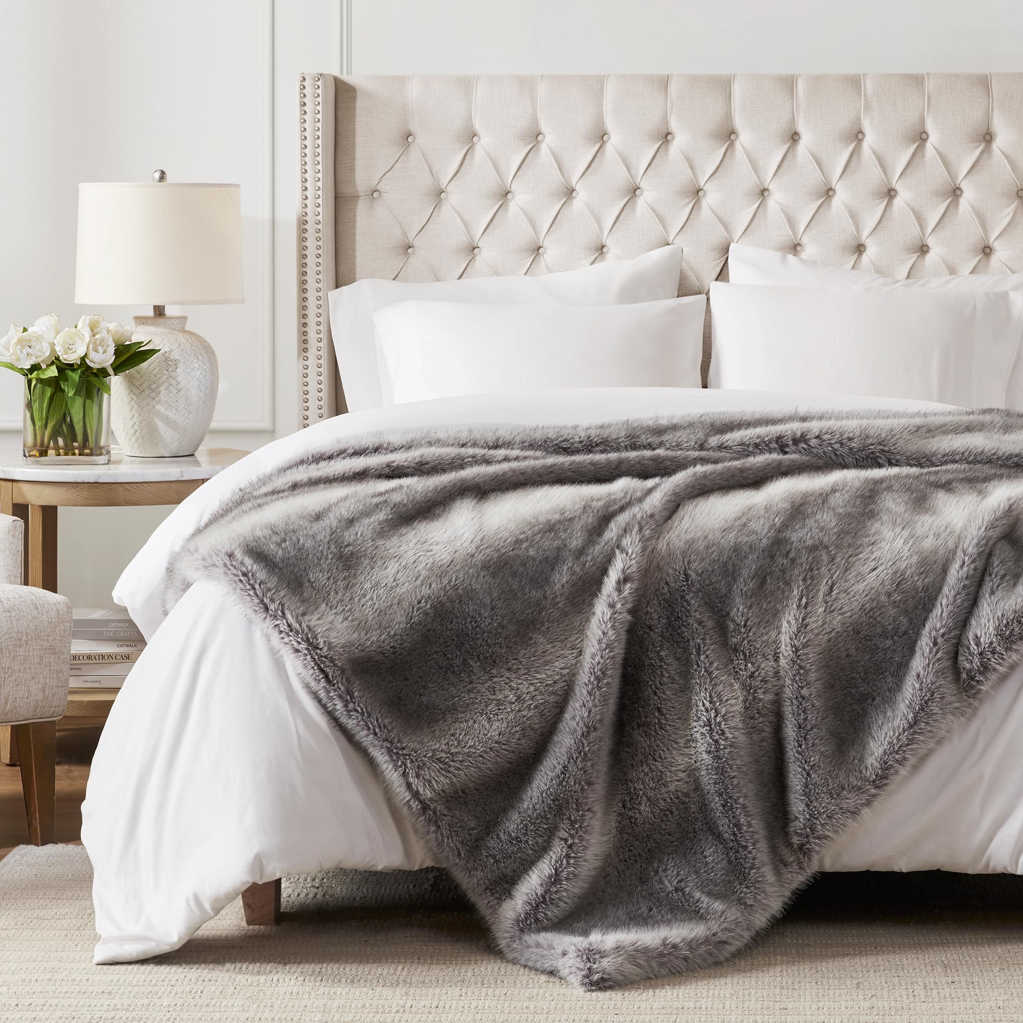 Hyde Lane Soft Faux Fur Throw Blanket, Luxury Fluffy Grey Blankets For Couch Bed Decoration, Thick Heavy & Puzzy Throws, Chinchi