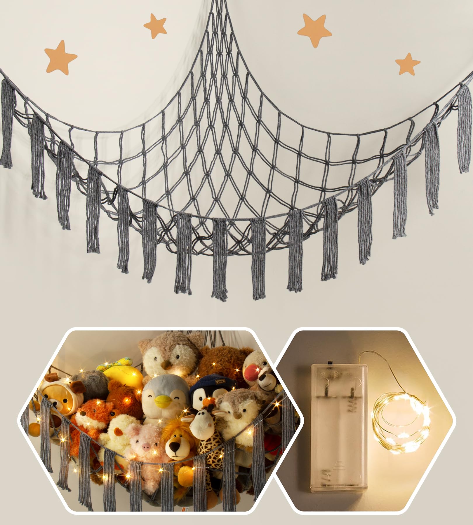 Stuffed Animal Hammock Corner Storage With Led Light - Toy Hammock Large Plushie Net - Stuffed Animal Holder Hanging Organizer -