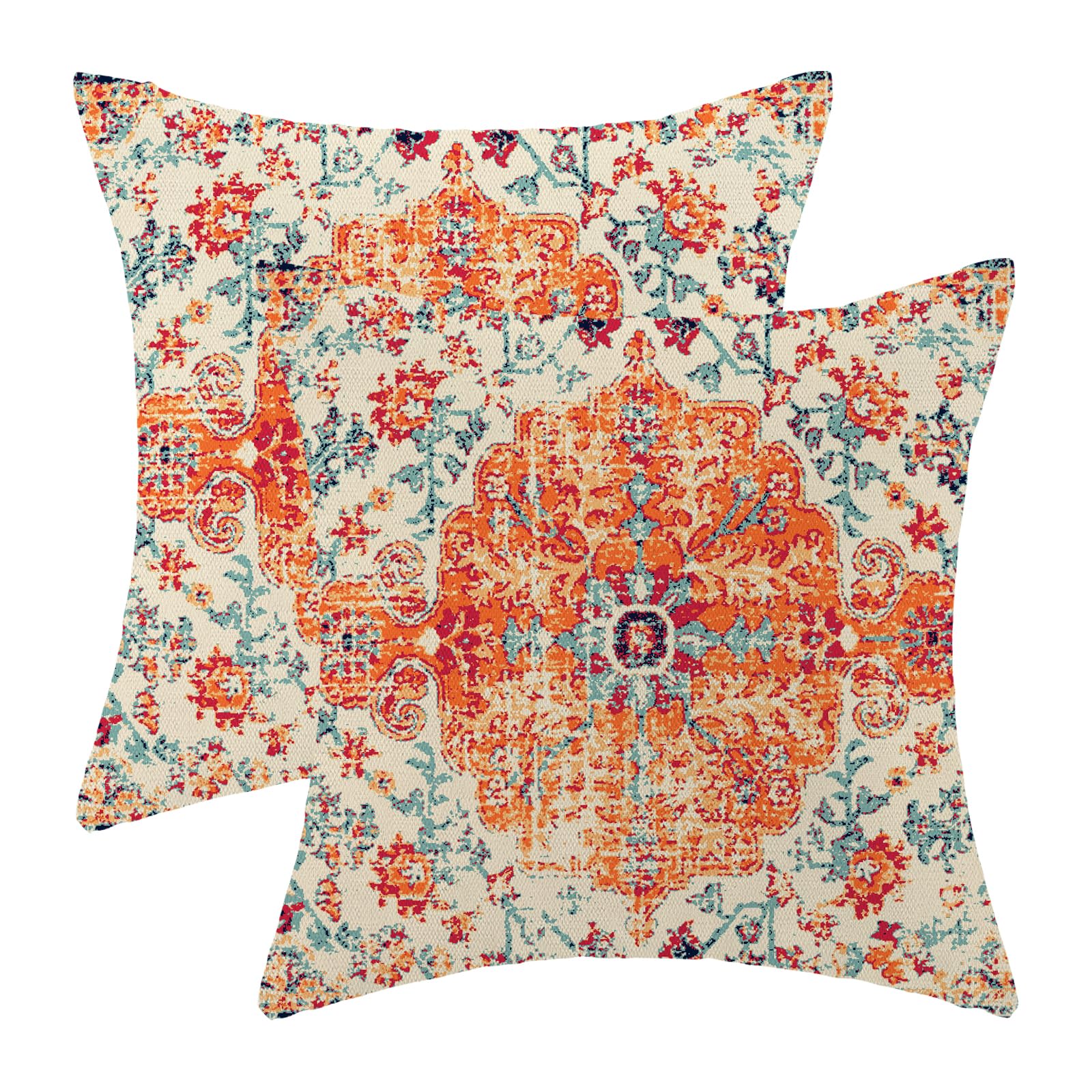 Gohdiwh Boho Pillow Covers 18X18 Set Of 2, Ethnic Design Decorative Throw Pillows Linen Burnt Orange Blue Carpet Pattern Farmhou