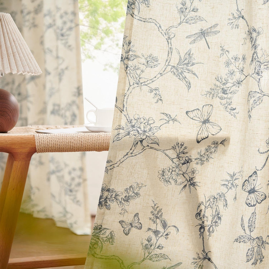 Lazzzy Farmhouse Linen Curtains Blue Floral Curtains 108 Inch Length Back Tab Drapes For Living Room Bedroom Light Filtering Cou