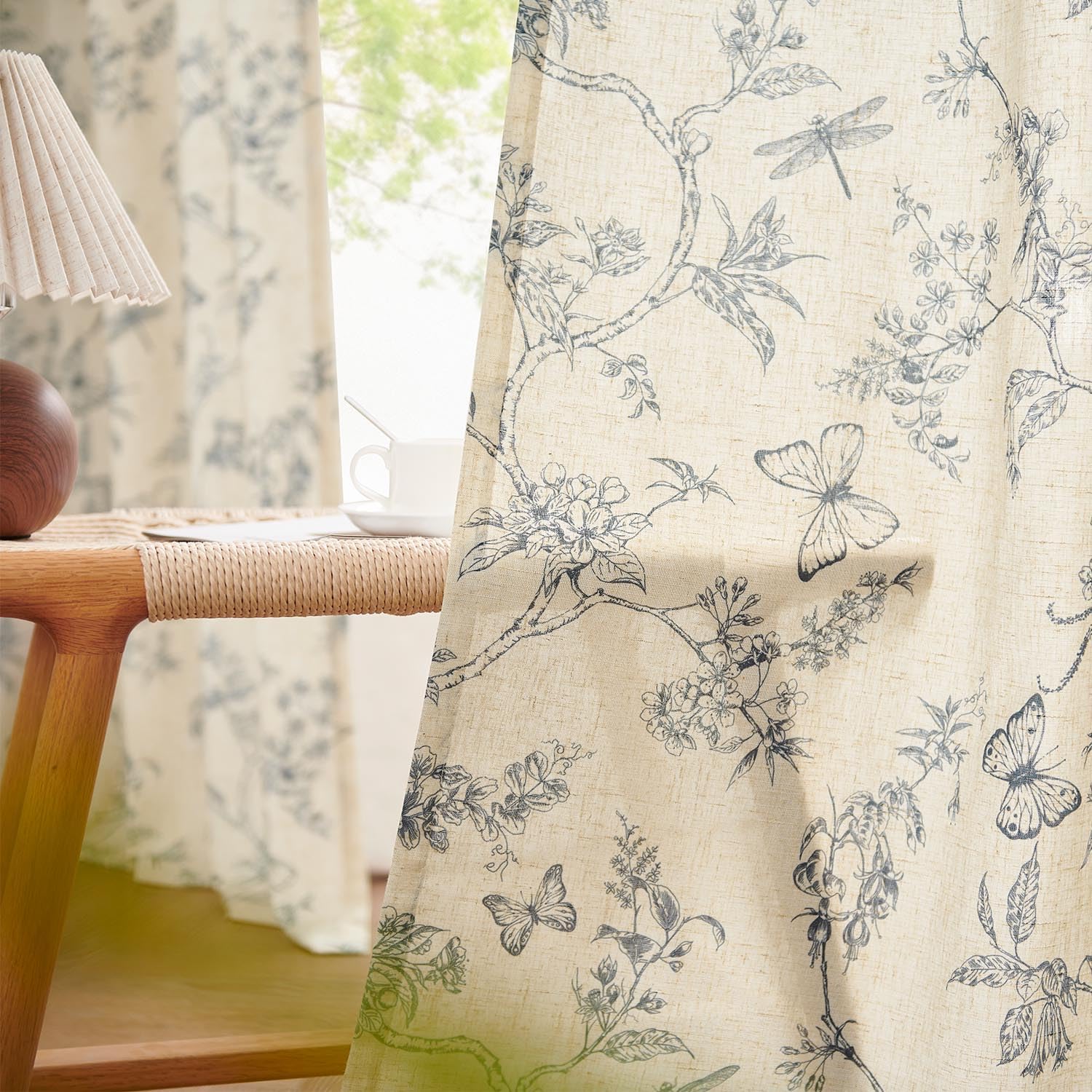 Lazzzy Farmhouse Linen Curtains Blue Floral Curtains 108 Inch Length Back Tab Drapes For Living Room Bedroom Light Filtering Cou