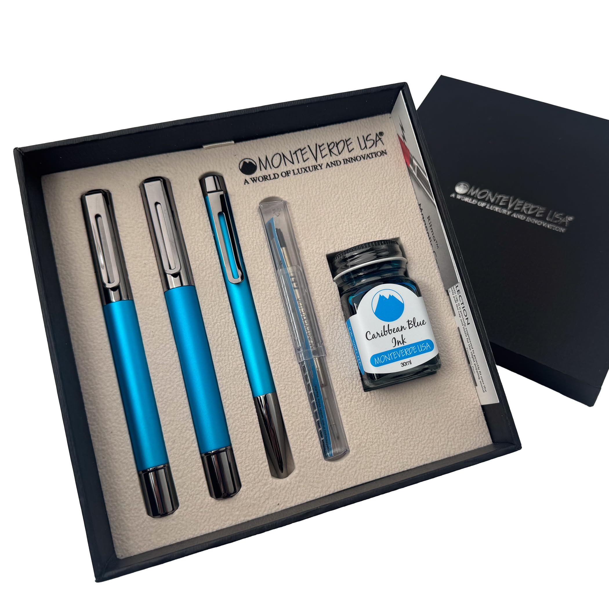 Monteverde Ritma 3+2 Piece Gift Set, Turquoise - Includes Broad Nib Fountain Pen, Rollerball, Ballpoint, 30Ml Ink & Refill - Pre