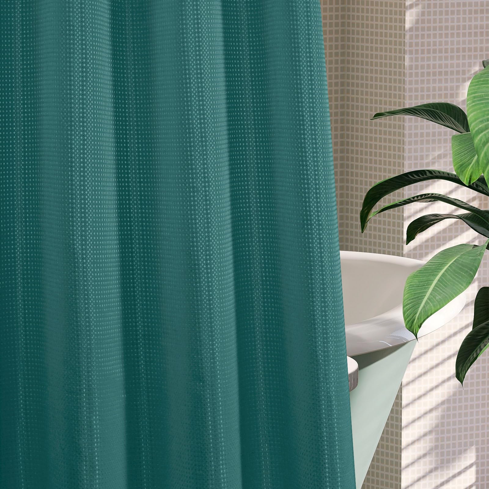 Mitovilla Dark Green Waffle Small Stall Shower Curtain 36 X 74, No Hooks Required Half Size Narrow Fabric Cloth Shower Curtain S