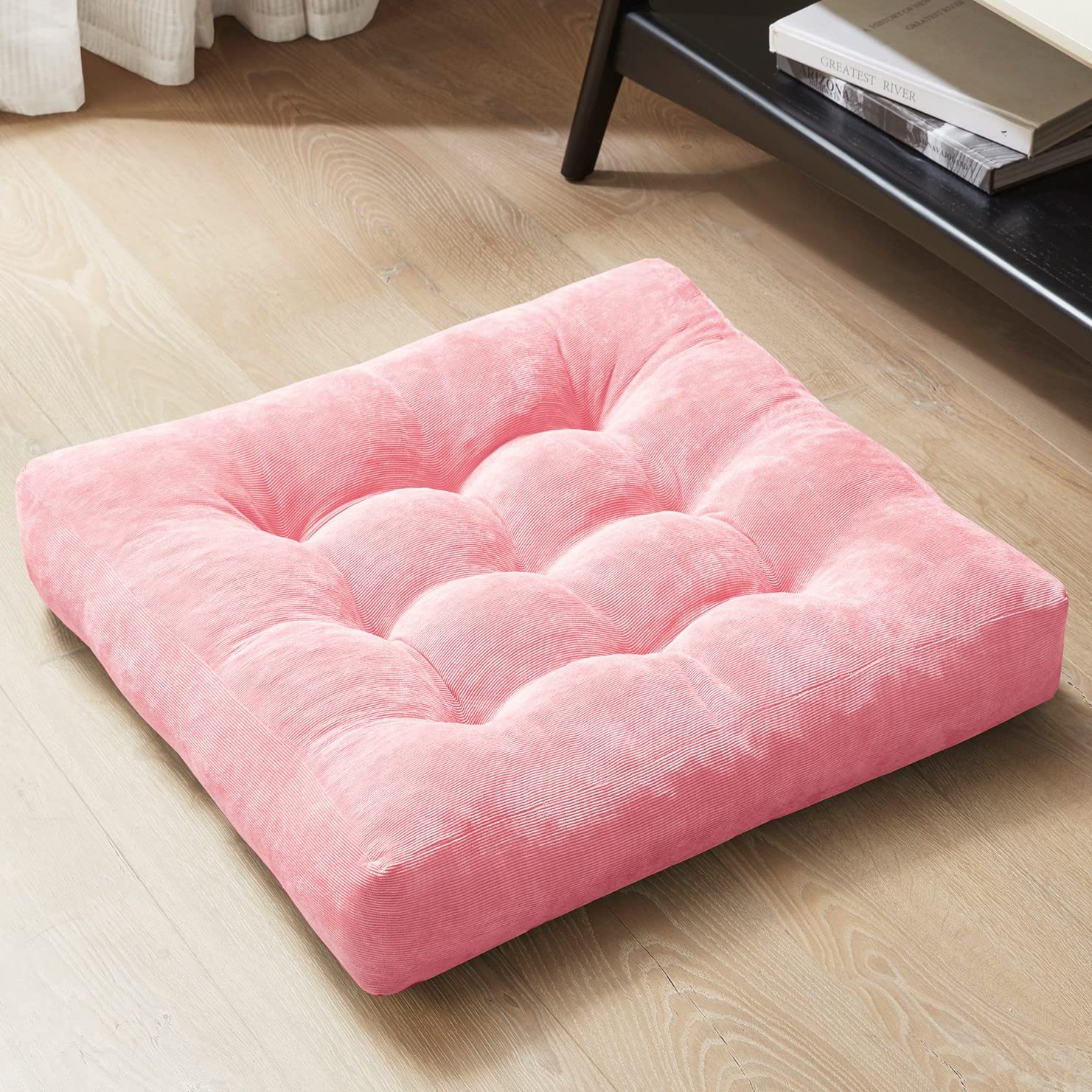 Meditation Floor Pillow, Square Large Pillows Seating For Adults, Tufted Corduroy Floor Cushion For Living Room Tatami, Pink 22X