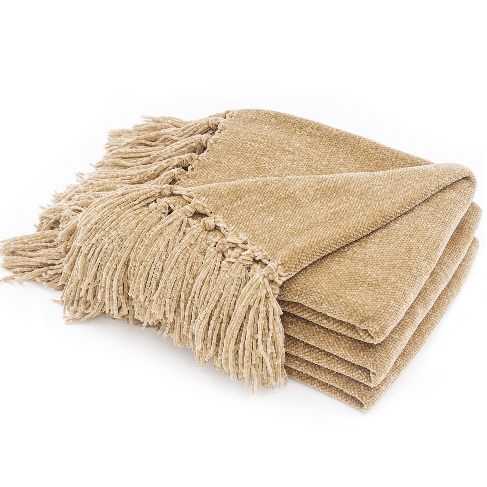 Recyco Throw Blanket Soft Cozy Chenille Throw Blanket With Fringe Tassel For Couch Sofa Chair Bed Living Room Gift (Beige, 50'