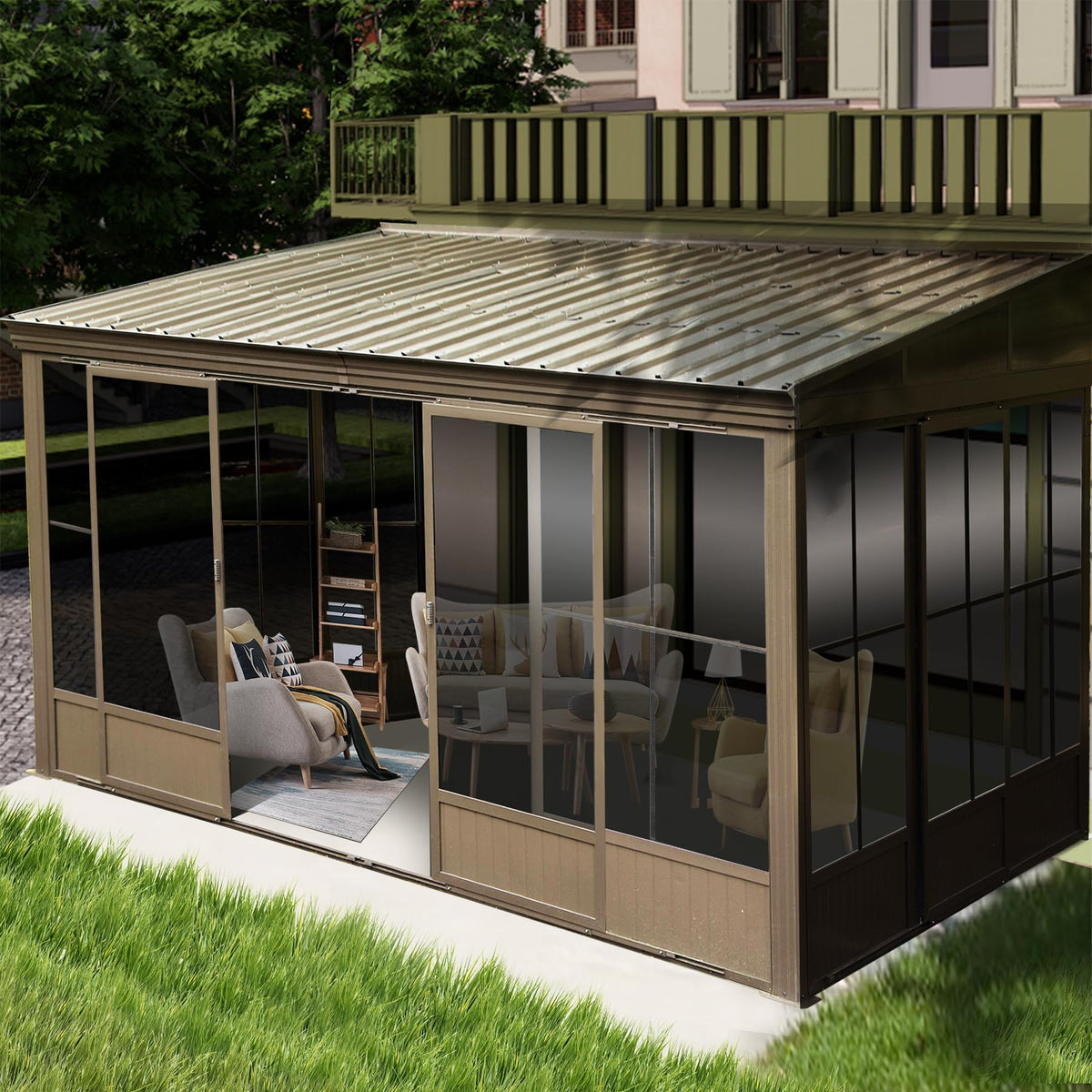 Domi 10 X 12 Sunroom, All-Season Wall Mounted Gazebo Solarium With Galvanized Steel Sloping Roof&Moveable Pvc Screen & Sliding D