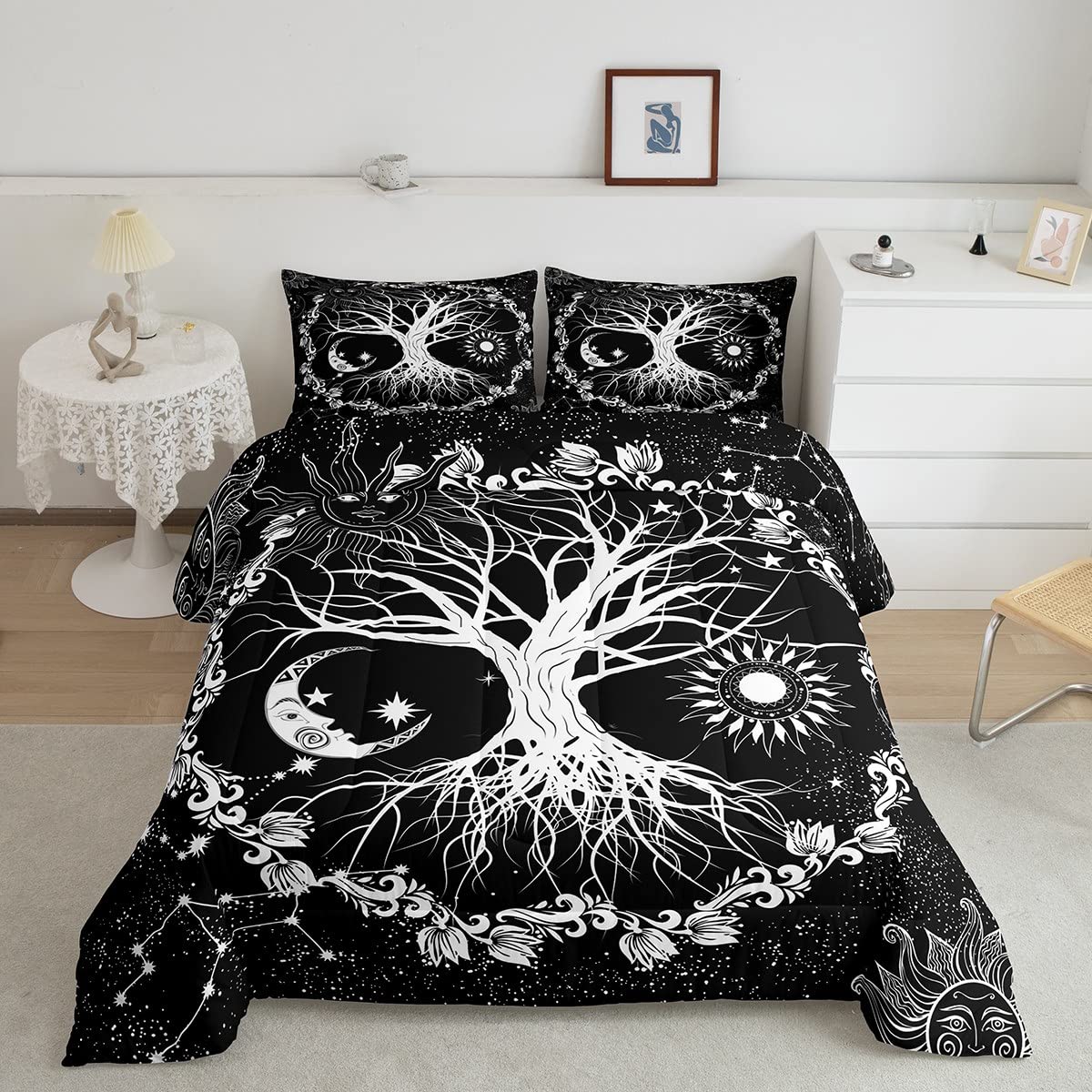 Tree Of Life Boys Comforter Set Full Size Sun And Moon Bedding Set Kids Teens Bedroom Decor Black And White Constellations Comfo