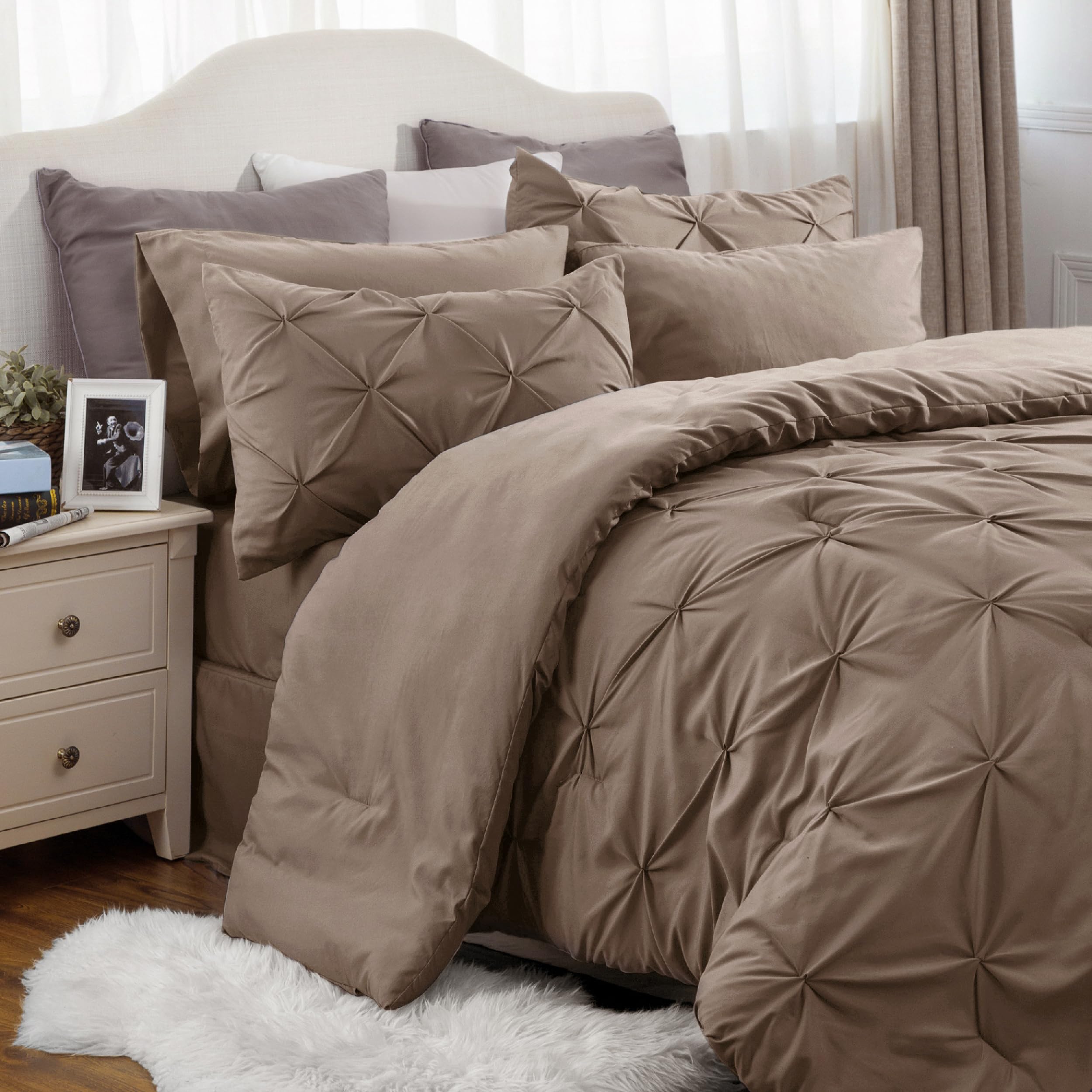 Bedsure Cal King Size Comforter Sets - 7 Pieces Pintuck California King Bed Set, Brown Cal King Size Bed In A Bag With Comforter