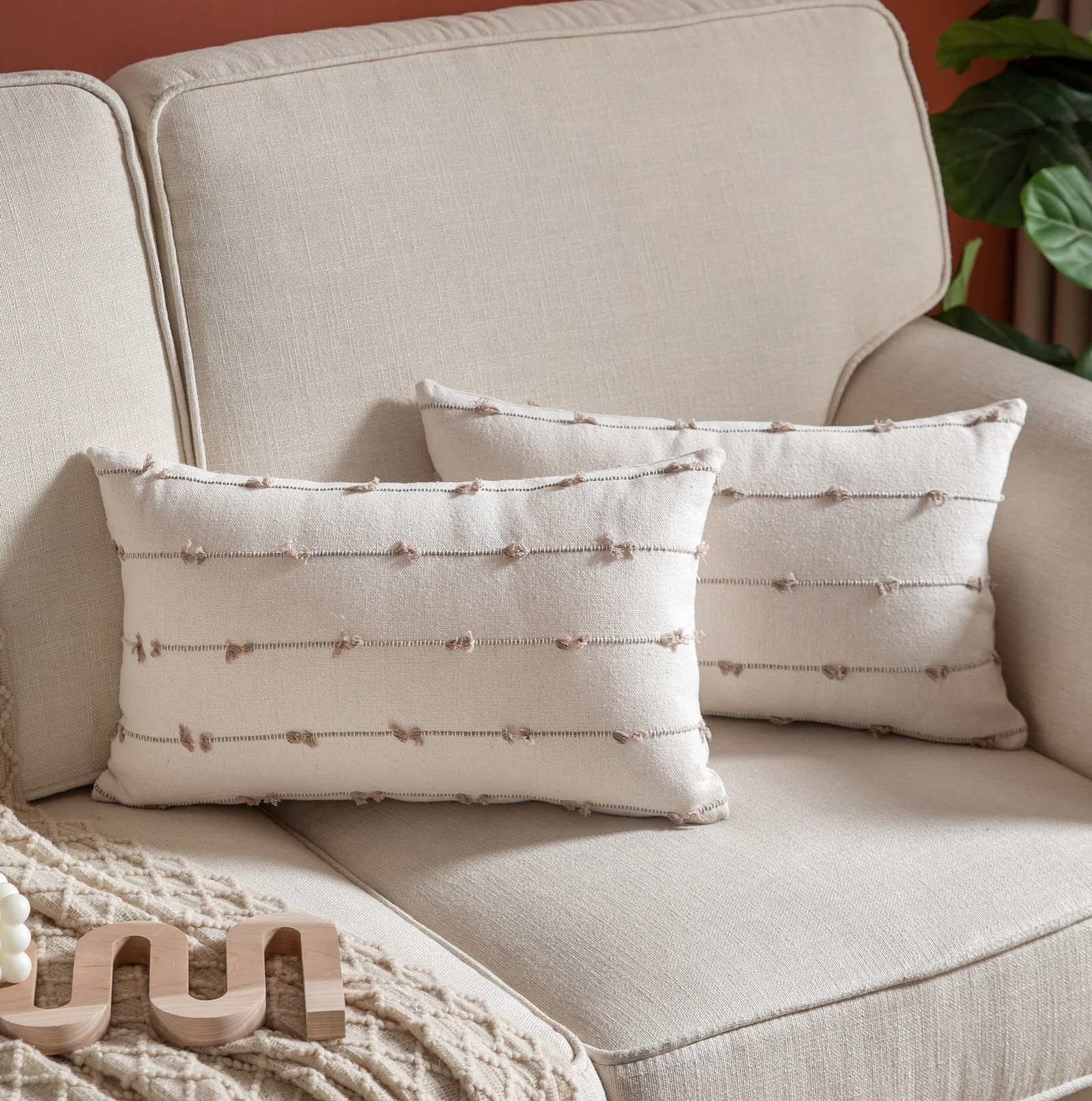 Caflife Boho Throw Pillow Covers 12X20 Inches Beige And Natural, Set Of 2 Modern Farmhouse Decorative Pillow Covers For Couch Be