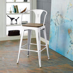 Modway Promenade Industrial Modern Steel Bistro Bar Stool with Arms and Bamboo Seat, White