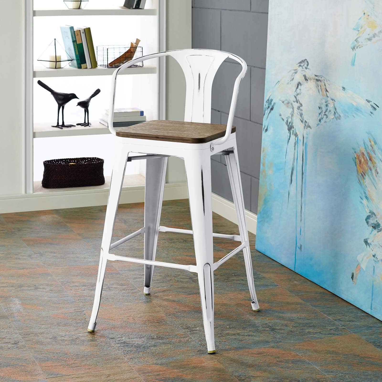Modway Promenade Industrial Modern Steel Bistro Bar Stool with Arms and Bamboo Seat, White