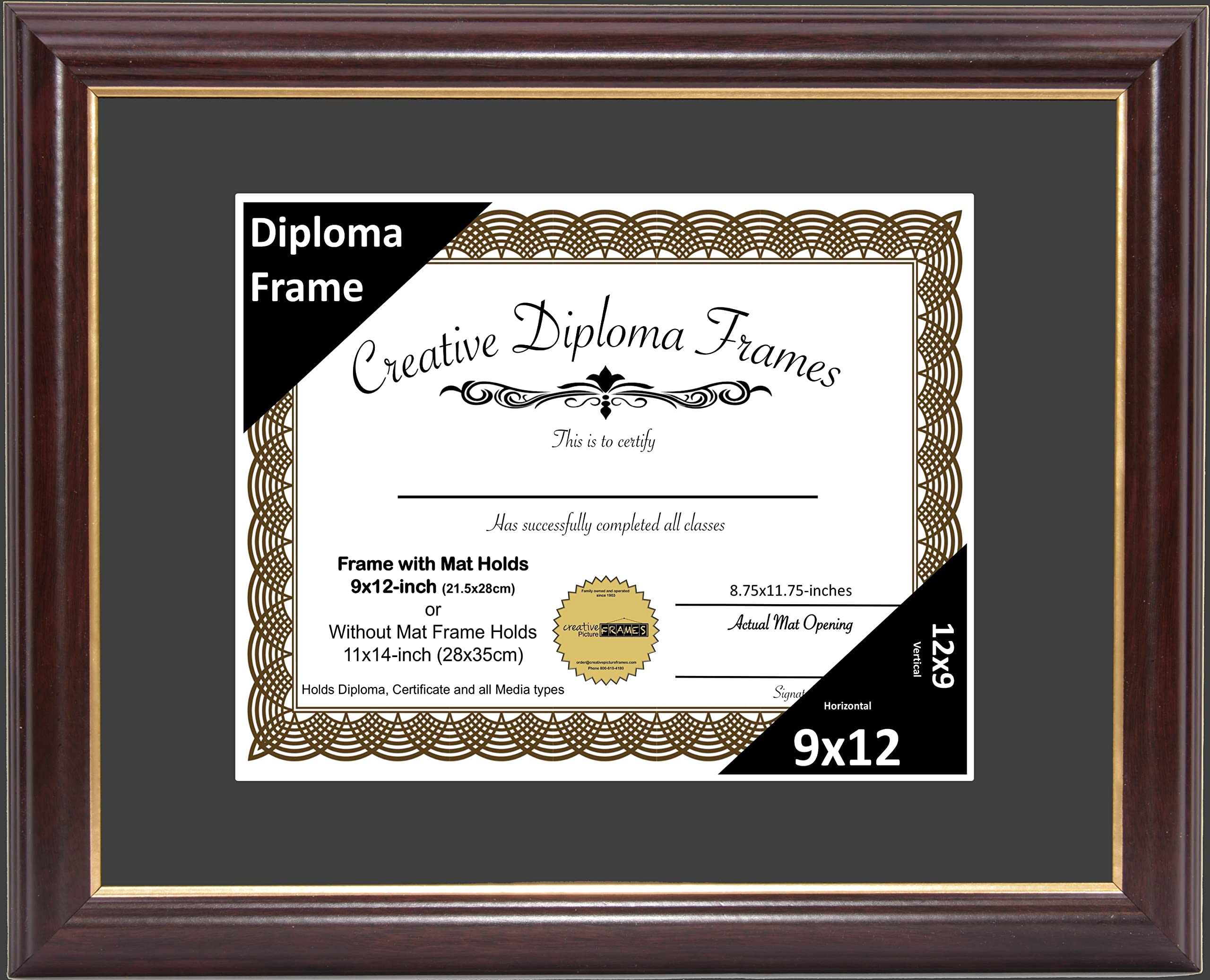 Creative Picture Frames 9x12 Mahogany Gold Rim Diploma Frame with Black Mat Glass Easel and Installed Wall Hangers | Frame Holds