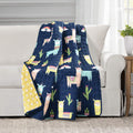 Lush Decor Southwest Llama Cactus Throw Blanket, 50' W X 60' L , Yellow & Navy - Toddler Blanket - Cute Reversible Boho Quilte