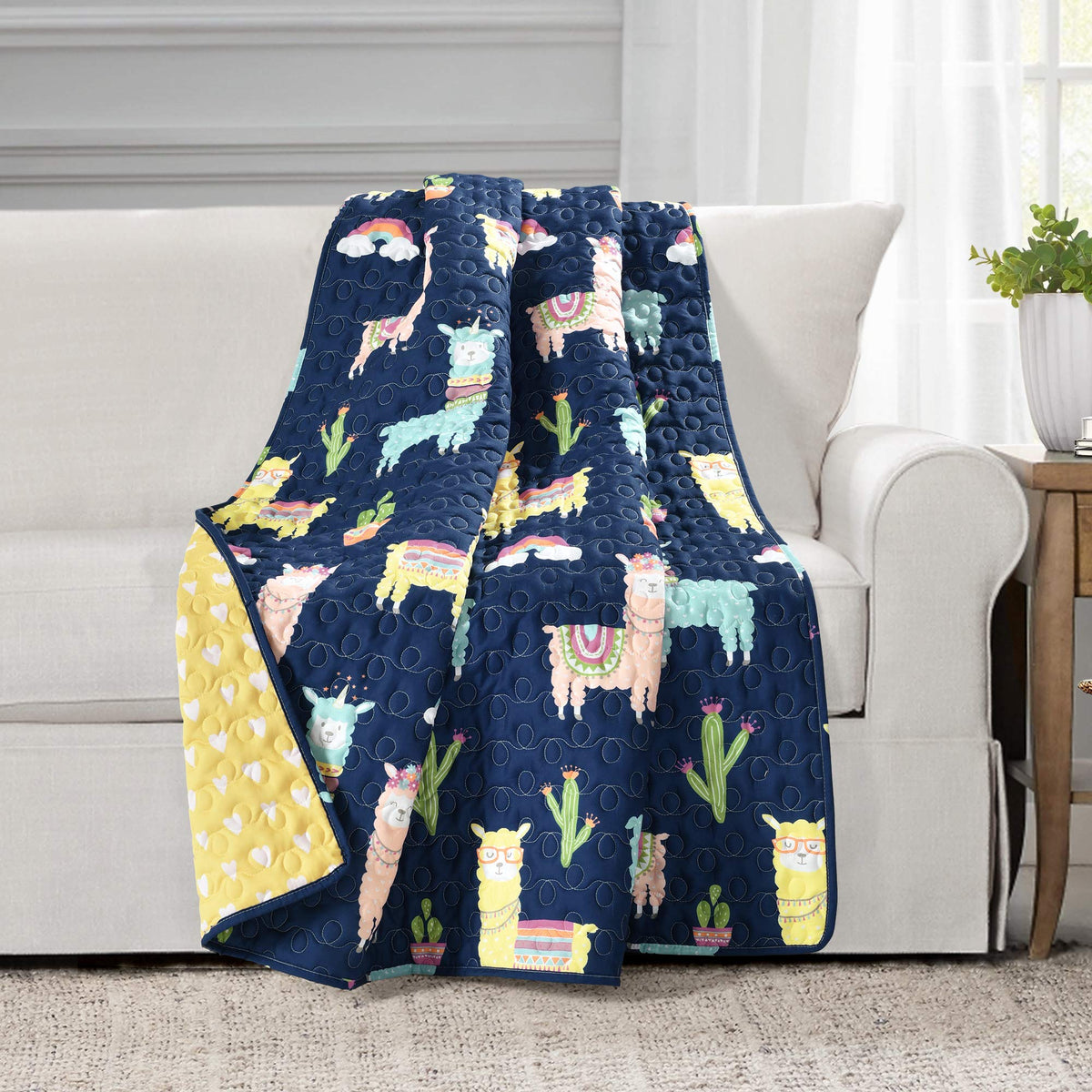 Lush Decor Southwest Llama Cactus Throw Blanket, 50' W X 60' L , Yellow & Navy - Toddler Blanket - Cute Reversible Boho Quilte