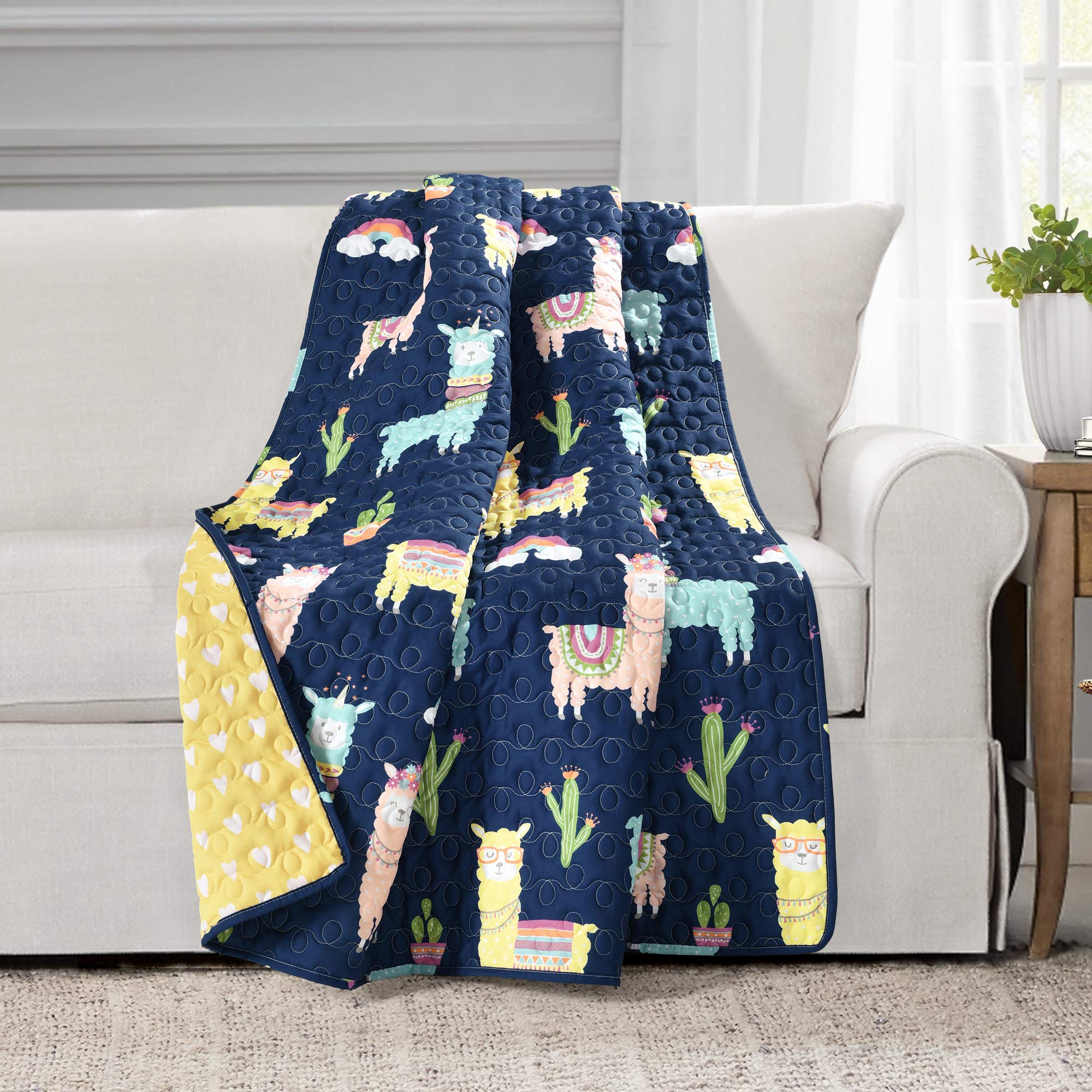 Lush Decor Southwest Llama Cactus Throw Blanket, 50' W X 60' L , Yellow & Navy - Toddler Blanket - Cute Reversible Boho Quilte