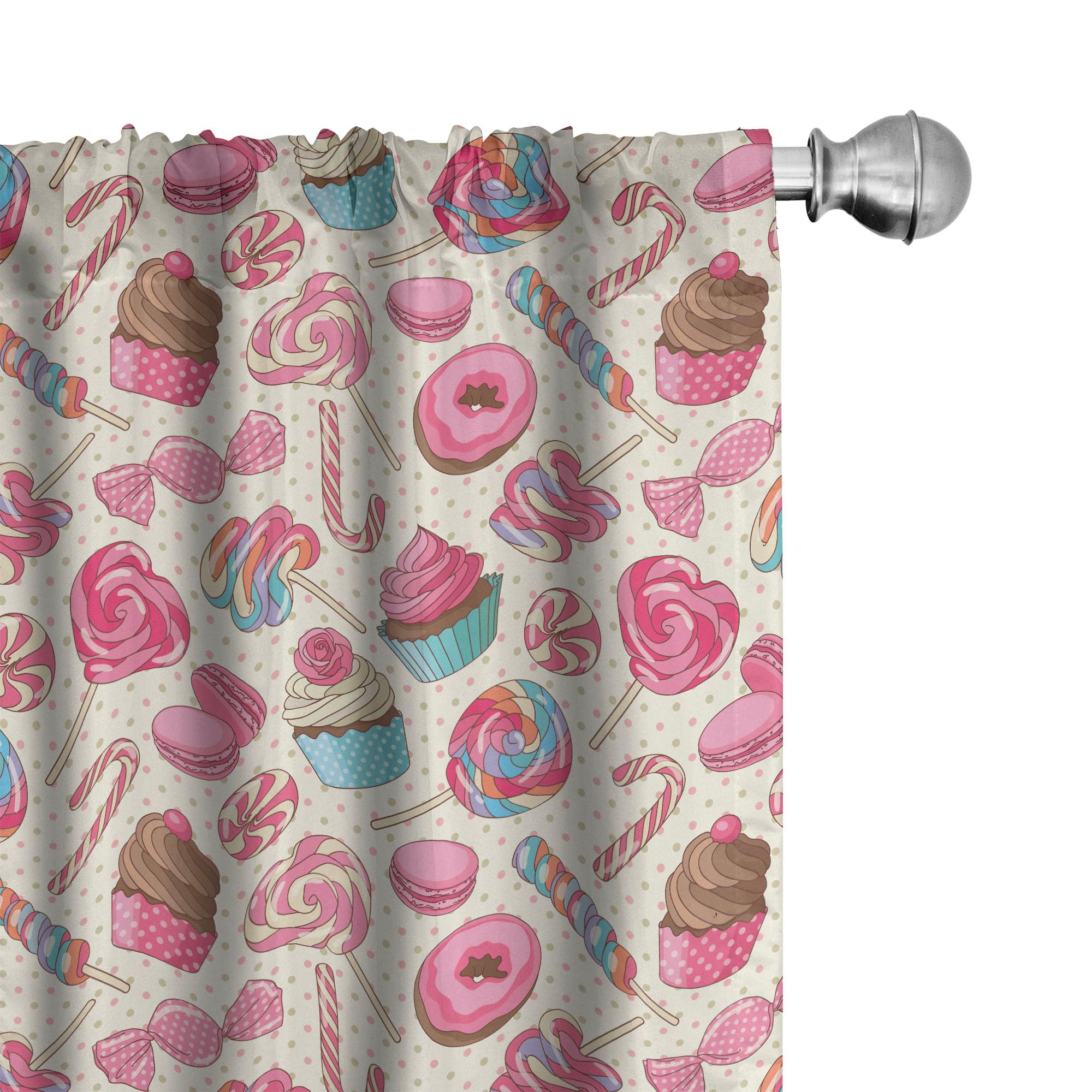 Ambesonne Candy Cane Window Curtains, Yummy Lollipop Candy Macaroon Cupcake and Donut on Polka Dots Pattern, Lightweight Decor 2
