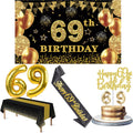 69th Birthday Decorations Men Women with 69th Birthday Banner, Black and Gold Table Cloth, Number Balloons, Large Sash, Cake Top
