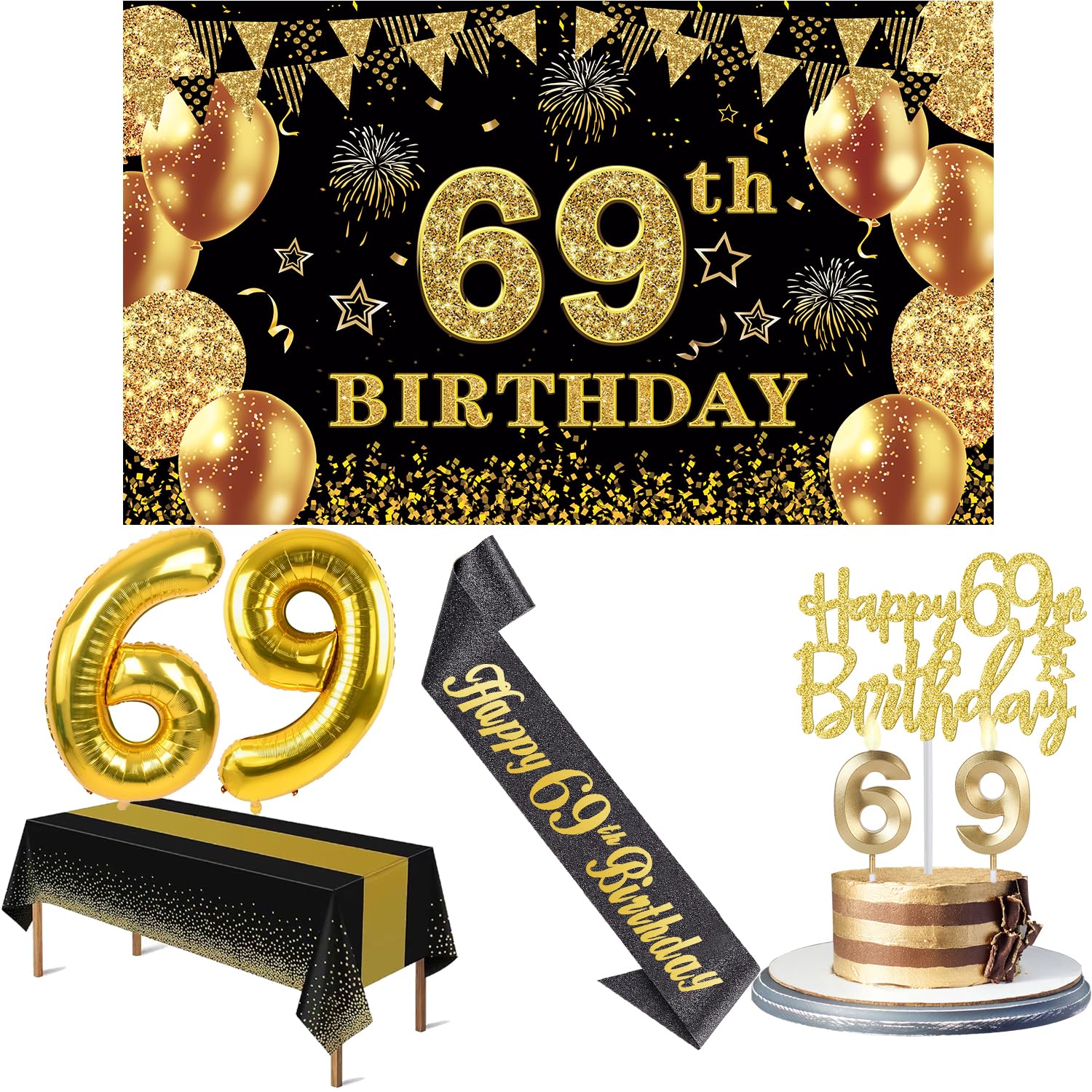 69th Birthday Decorations Men Women with 69th Birthday Banner, Black and Gold Table Cloth, Number Balloons, Large Sash, Cake Top