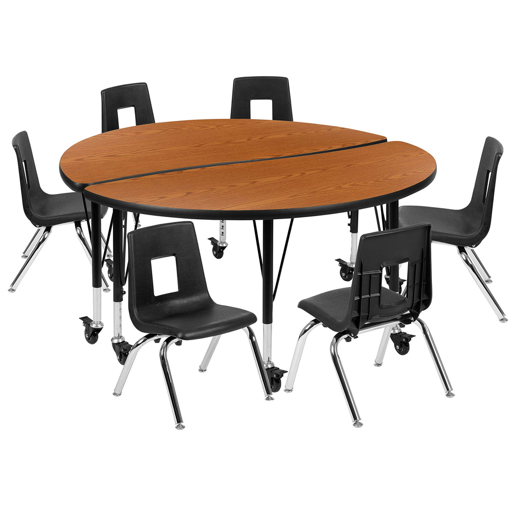 Flash Furniture Mobile 47.5" Circle Wave Collaborative Laminate Activity Table Set With 14" Student Stack Chairs, Oak/Black