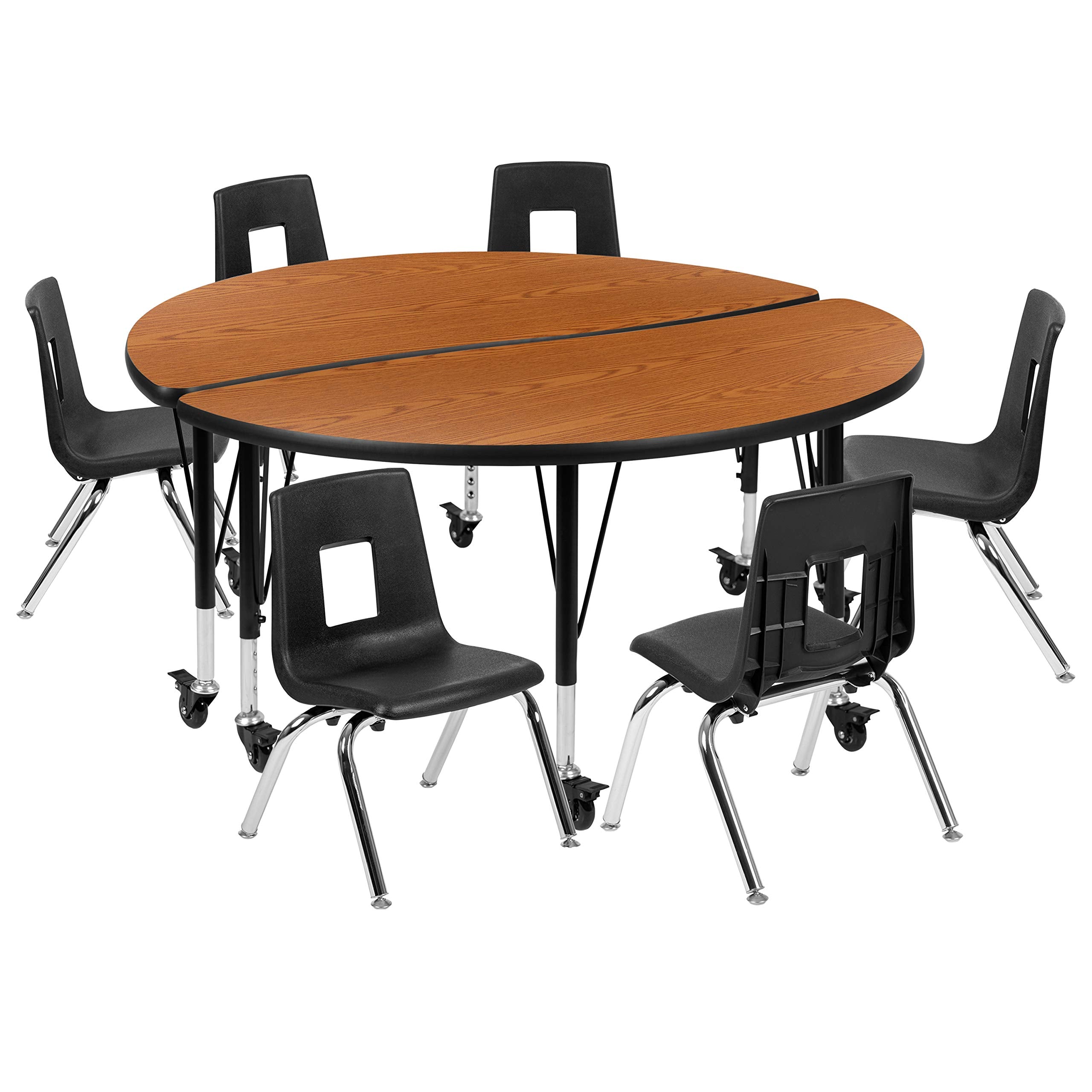 Flash Furniture Mobile 47.5" Circle Wave Collaborative Laminate Activity Table Set With 14" Student Stack Chairs, Oak/Black