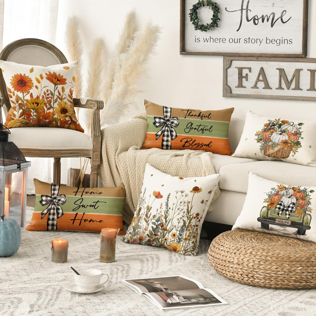 Avoin Colorlife Fall Pumpkin Truck Sunflowers Home Sweet Home Throw Pillow Covers, 12 X 20 Inch Autumn Thankful Grateful Blessed