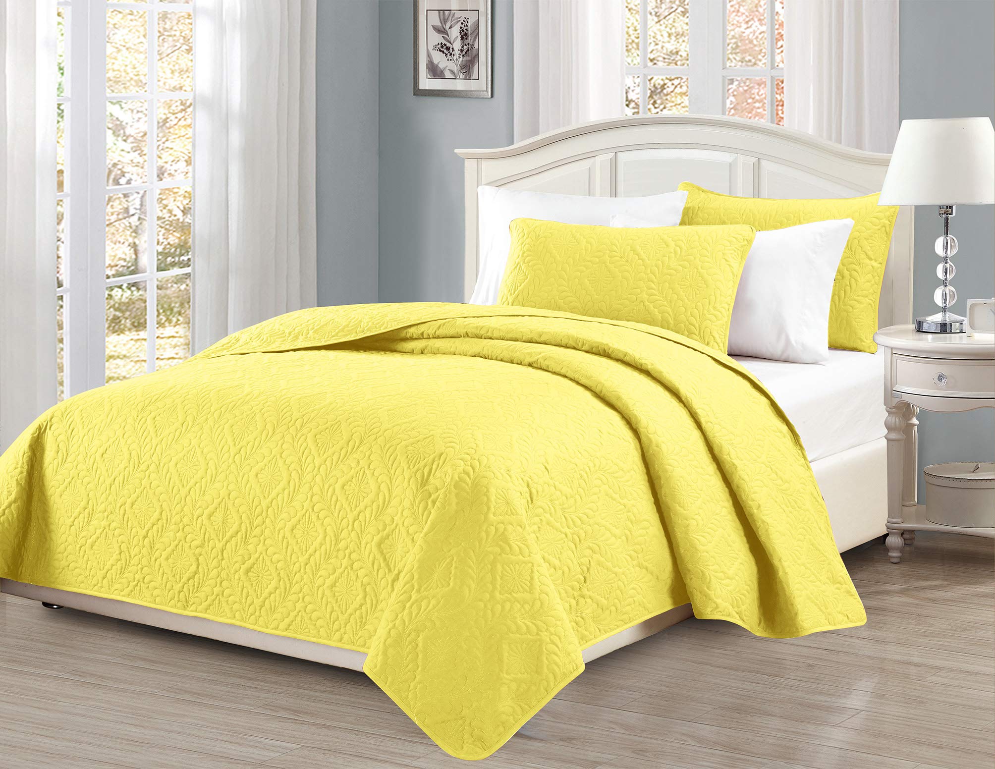 Mk Collection King/California King Over Size 118'X106' 3Pc Diamond Bedspread Bed-Cover Embossed Solid Yellow New