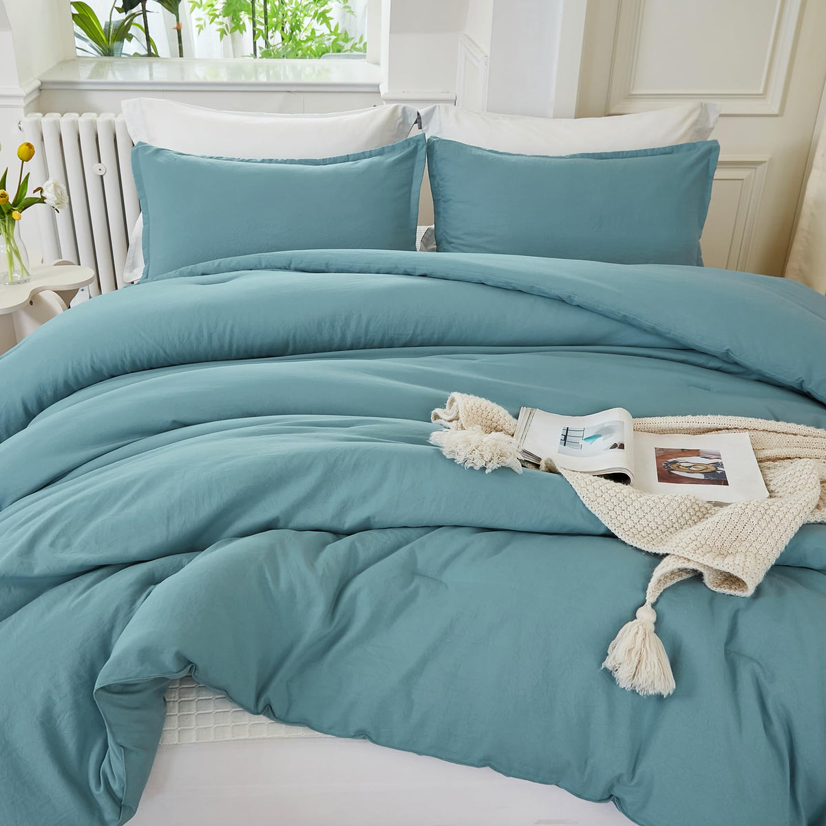 Litanika Comforters Grayish Teal Oversized King Size, 3 Pieces Lightweight Solid Bedding Comforter Set, All Season Fluffy Bed Se