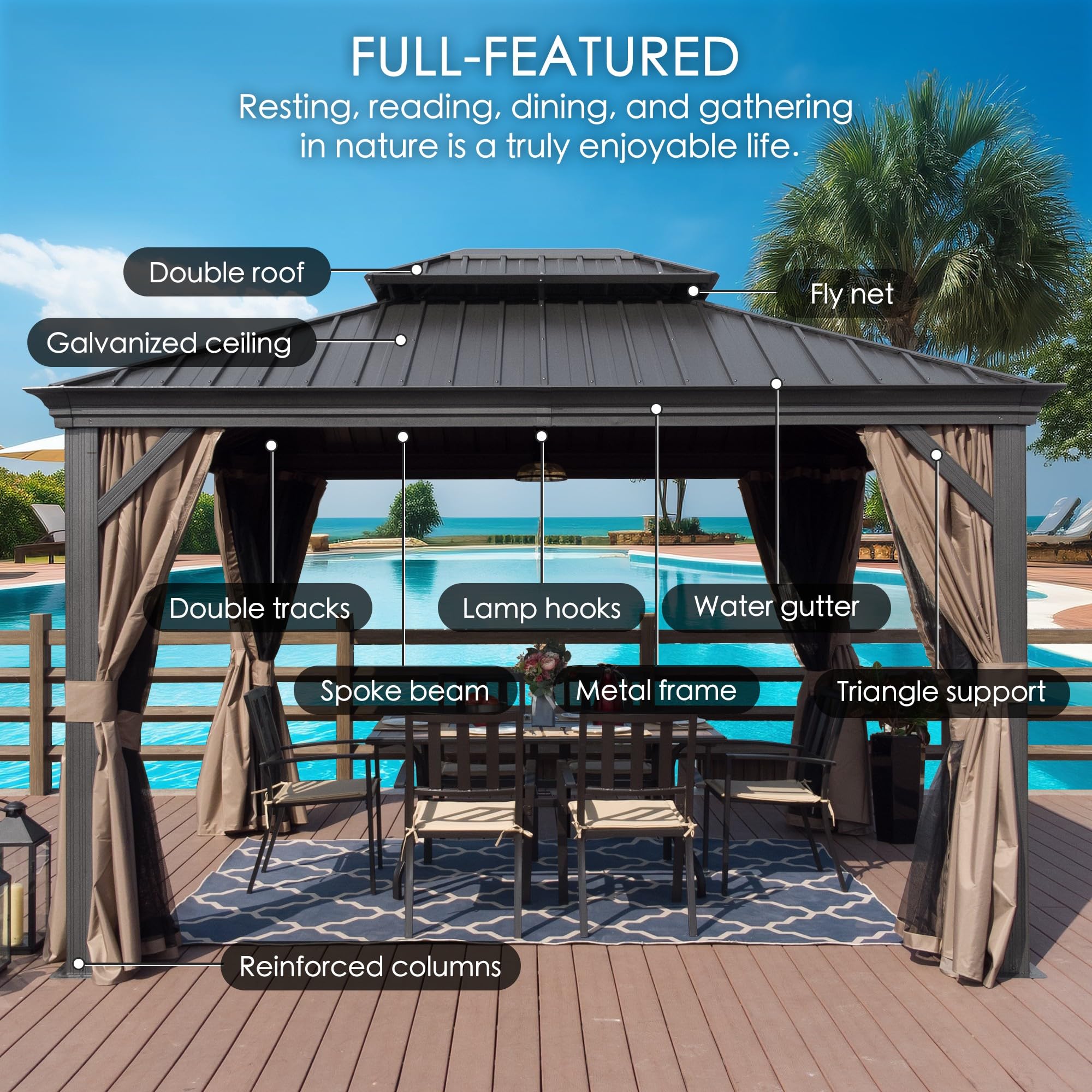 Kozyard Alexander Hardtop Aluminum Permanent Gazebo With A Mosquito Net And Privacy Sidewalls (Alexander 12'X16' (Brown)