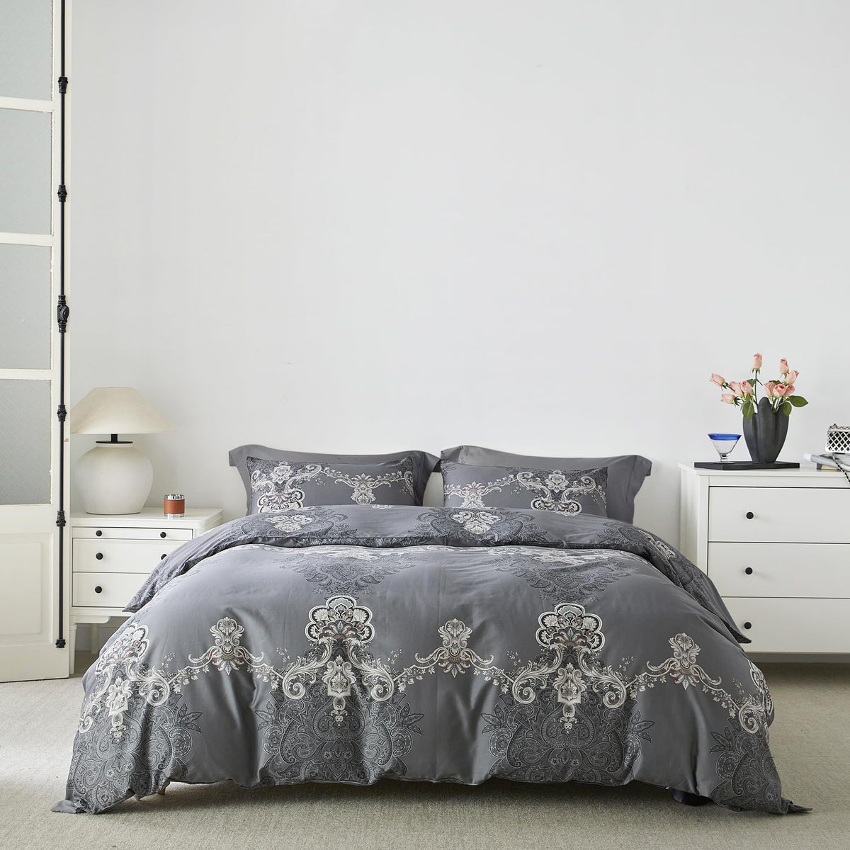 Yuheguoji Paisley Duvet Cover Queen 100% Egyptian Cotton Grey Damask Duvet Cover 3 Pcs Set 1 Rust Taupe Boho Floral Duvet Cover