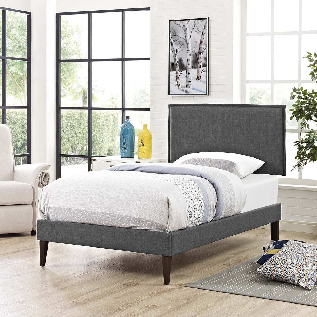 Modway Amaris Upholstered Twin Platform Bed Frame In Gray With Tapered Legs