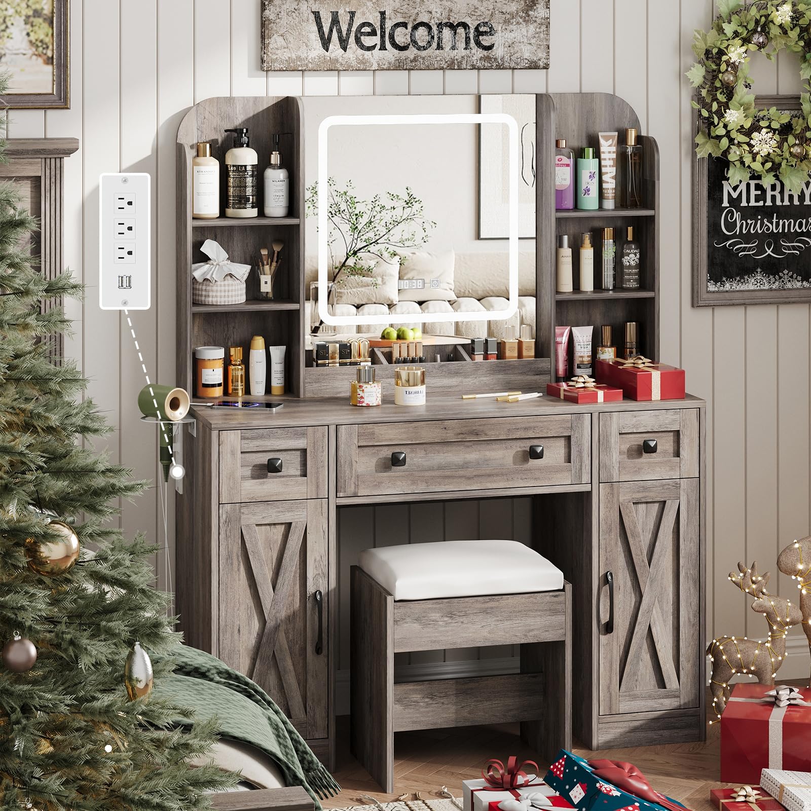 Vabches Makeup Vanity Desk, Vanity Mirror with Lights Desk and Chair,Makeup Table with 3 Large Drawers and 2 Cabinets, Time and 