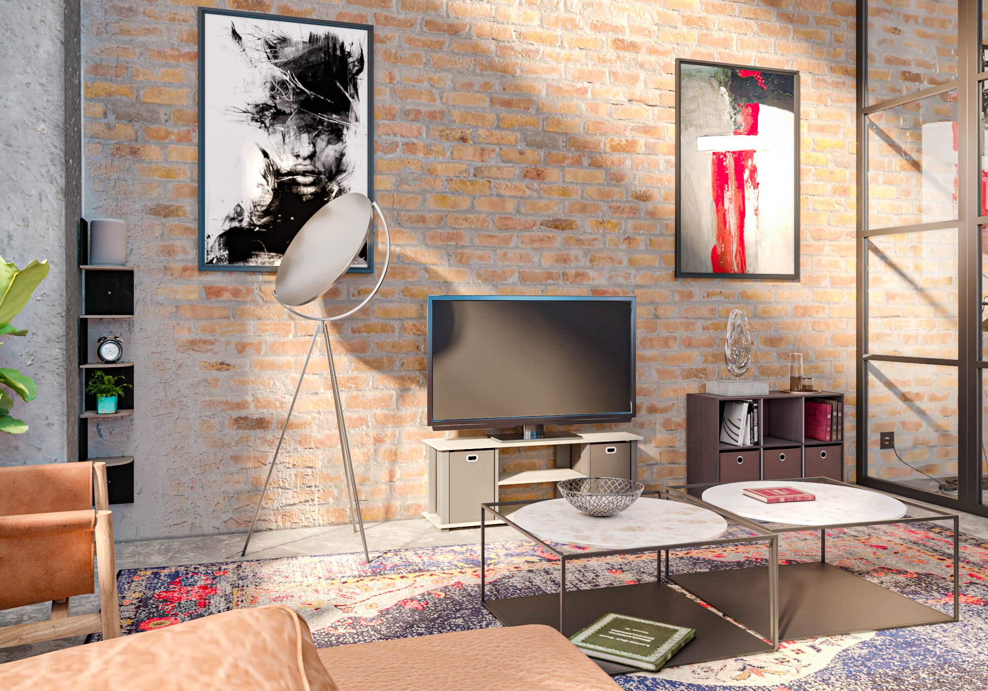 Furinno Rossi Wall Mount Floating Corner Shelf, 5-Tier Radial, French Oak Grey/Black