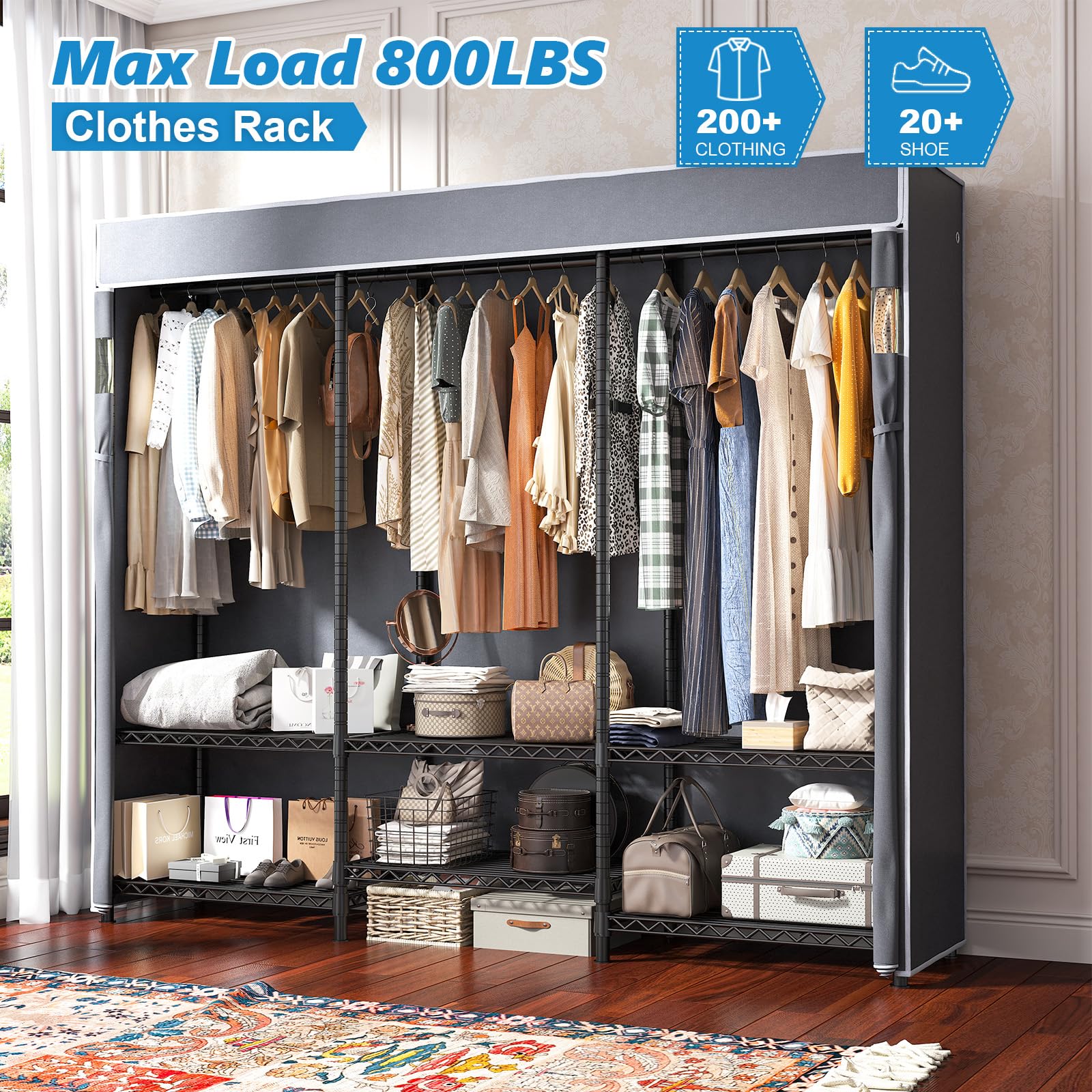 Raybee Heavy Duty Clothes Rack With Cover 800 Lbs Clothing Racks For Hanging Clothes Portable Closet Freestanding Wadrobe Closet
