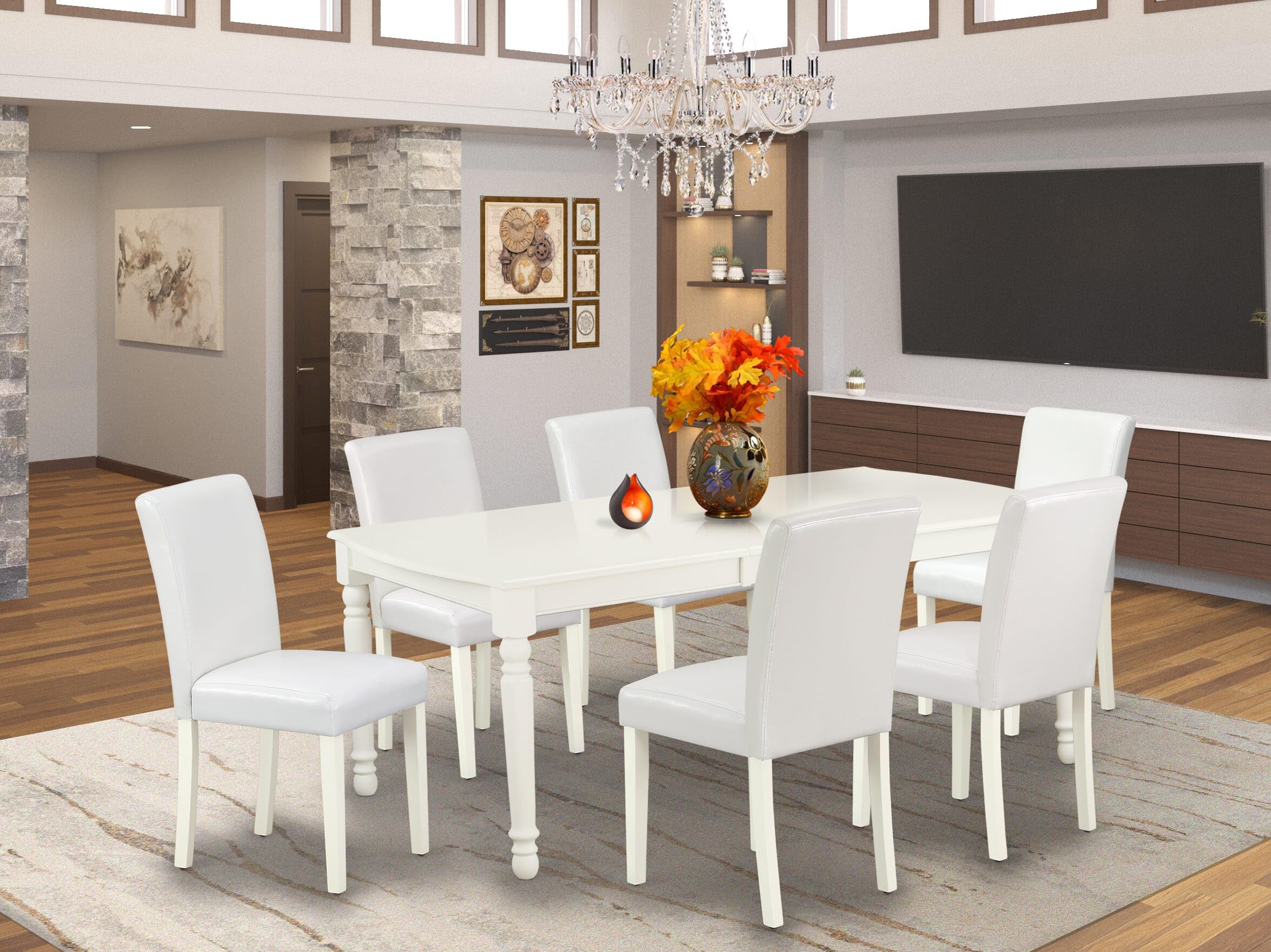 East West Furniture Doab7-Lwh-64 7 Piece Modern Dining Table Set Consist Of A Rectangle Wooden Table With Butterfly Leaf And 6 White Faux Leather Parson Chairs, 42X78 Inch, Linen White