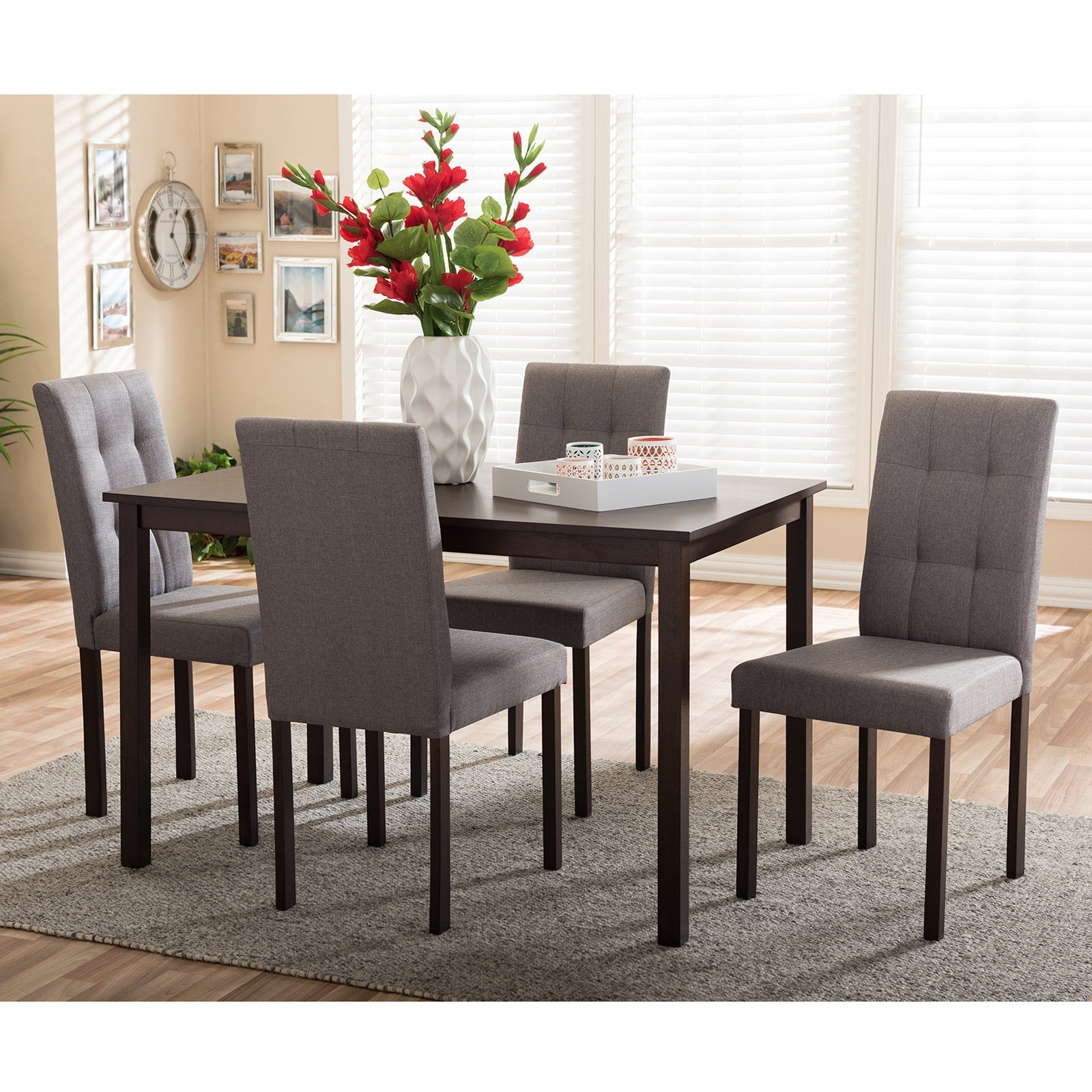 Baxton Studio Andrew Modern and Contemporary 5-Piece Grey Fabric Upholstered Grid-Tufting Dining Set