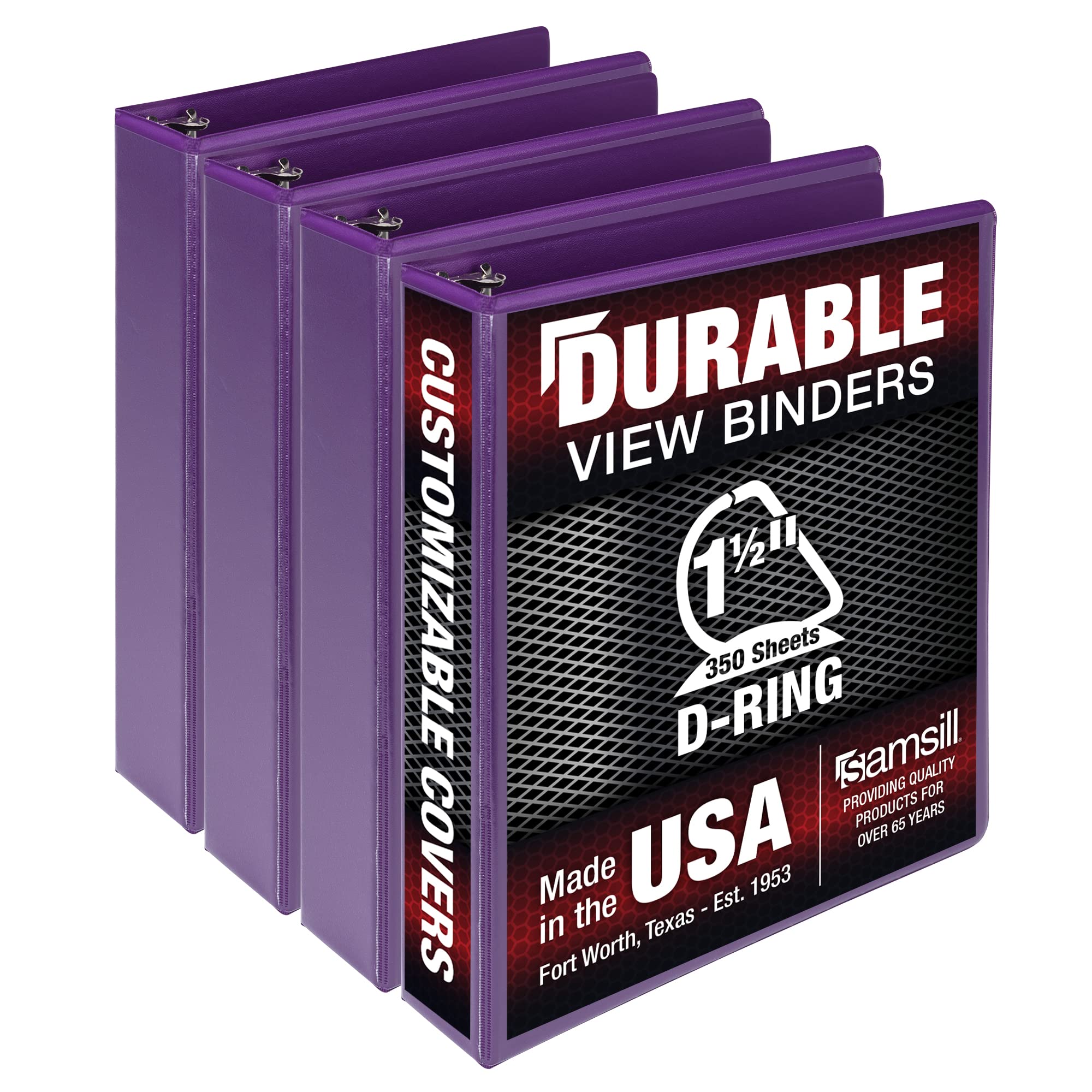 Samsill Durable 1.5 Inch Binder, Made In The Usa, D Ring Binder, Customizable Clear View Binder, Purple, 4 Pack, Each Holds 350