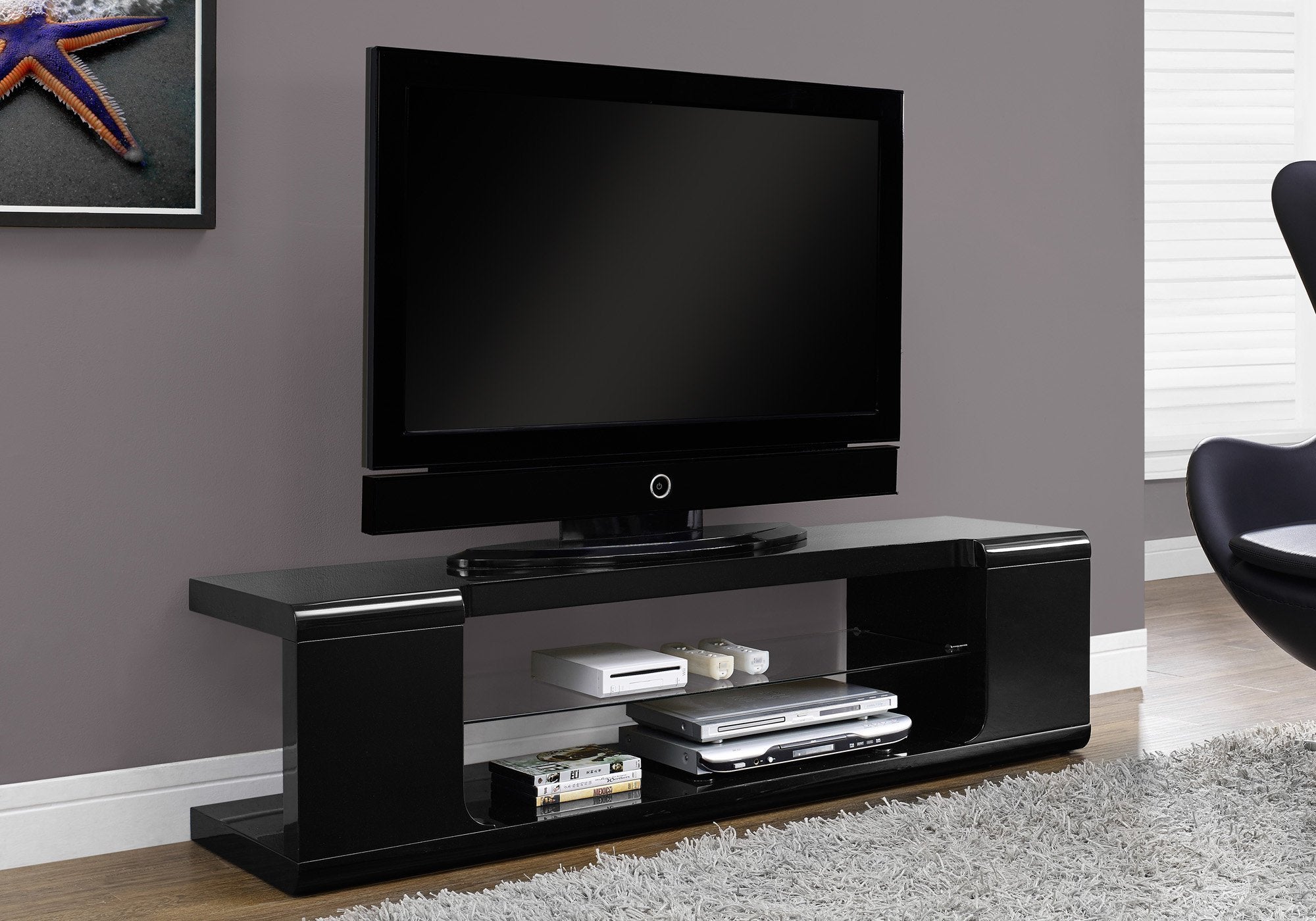 Monarch Specialties Tv Stand - 60' L/High Glossy Black with Tempered Glass