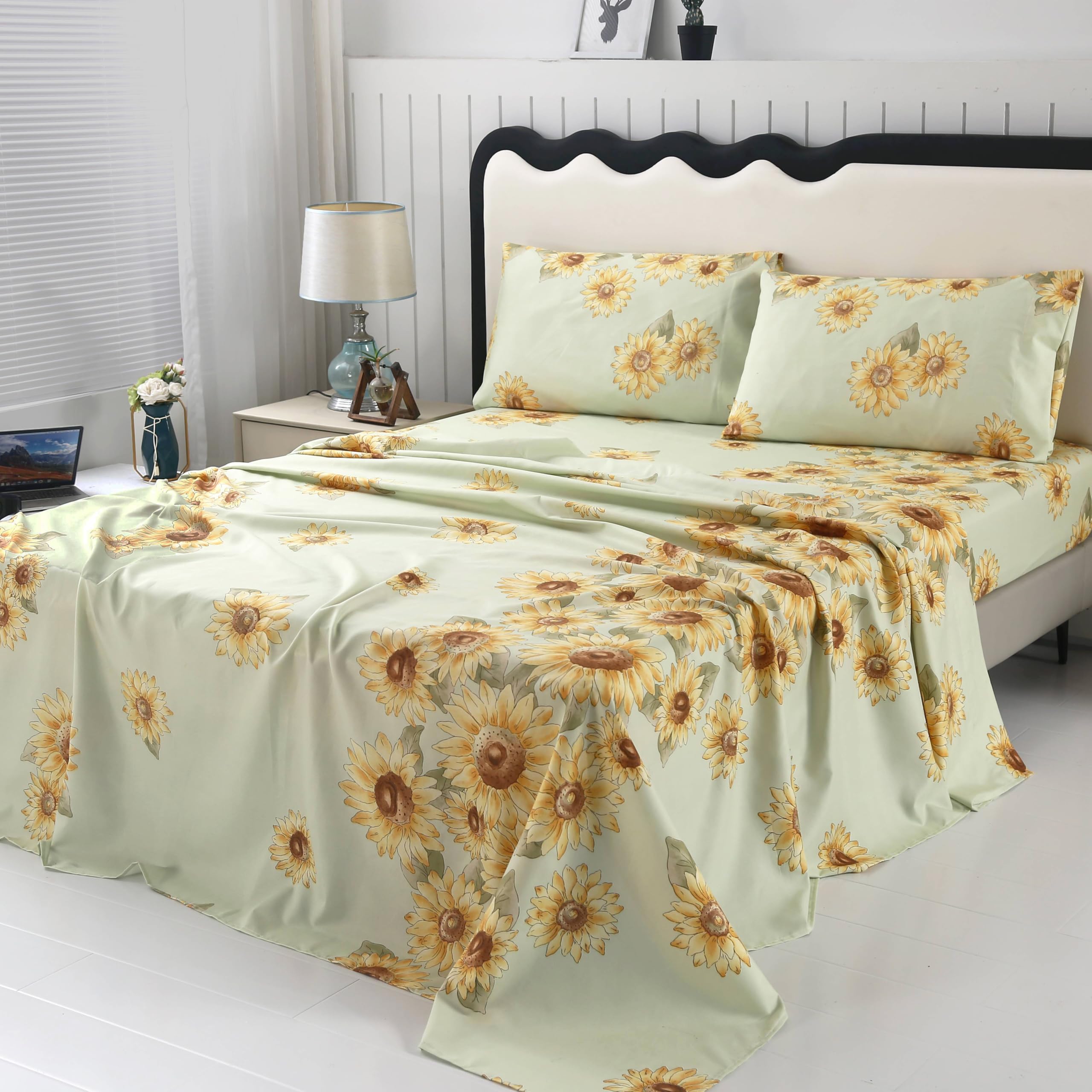 Sdiii 4Pcs Sunflower Sheets Queen For Kids Boys Girls And Teens, Microfiber Yellow Floral Sheets Queen, Deep Pocket Sheets Queen