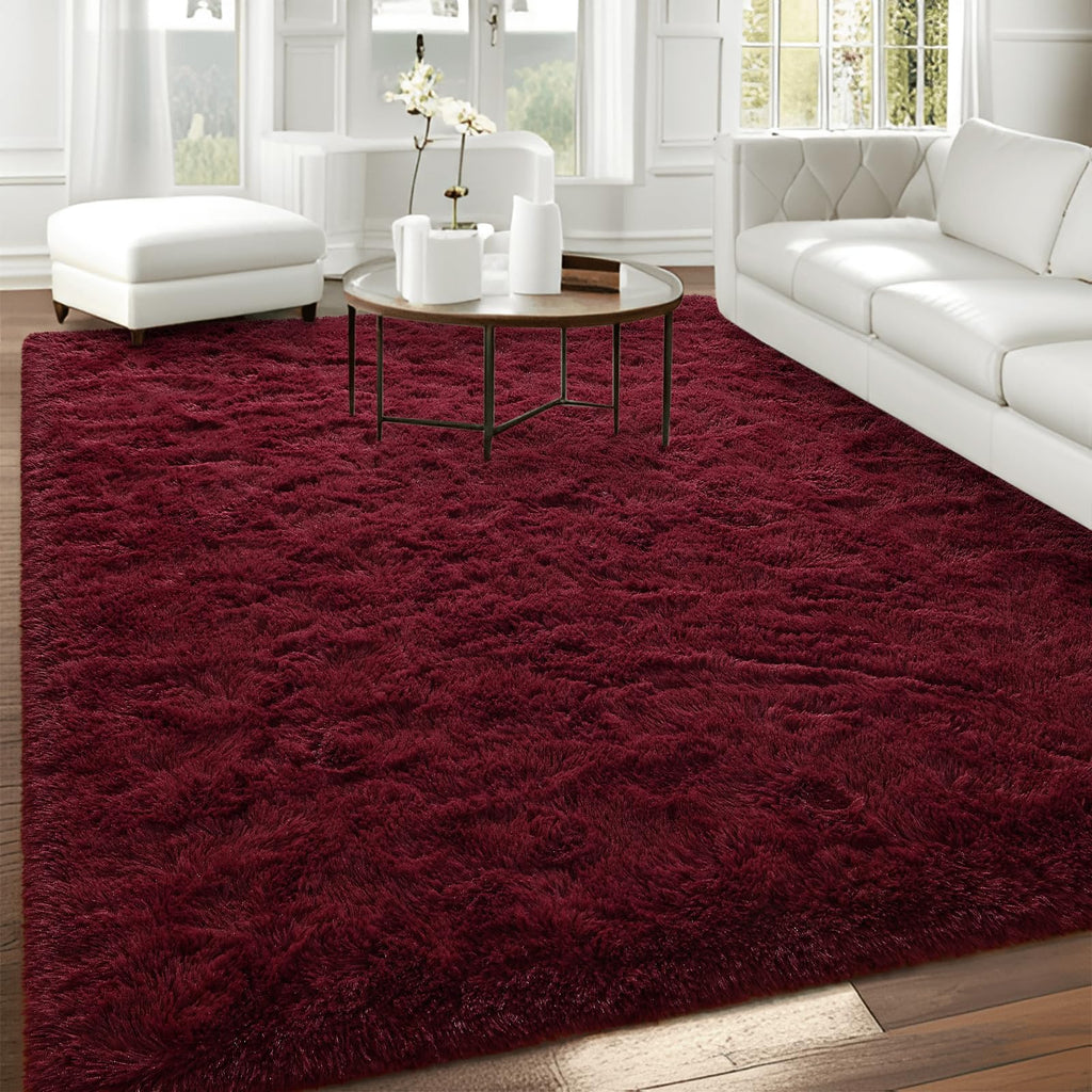 Falark Soft Area Rugs For Bedroom, 3X5 Ft Wine Red Fluffy Rug Carpets For Living Room Girls Kids Room, Shaggy Fuzzy Indoor Moder