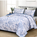 WONGS BEDDING Blue Quilt Set Queen Size, 3 Pieces Botanical Bedspreads Set Lightweight Microfiber Blue Plants Pattern Coverlet H