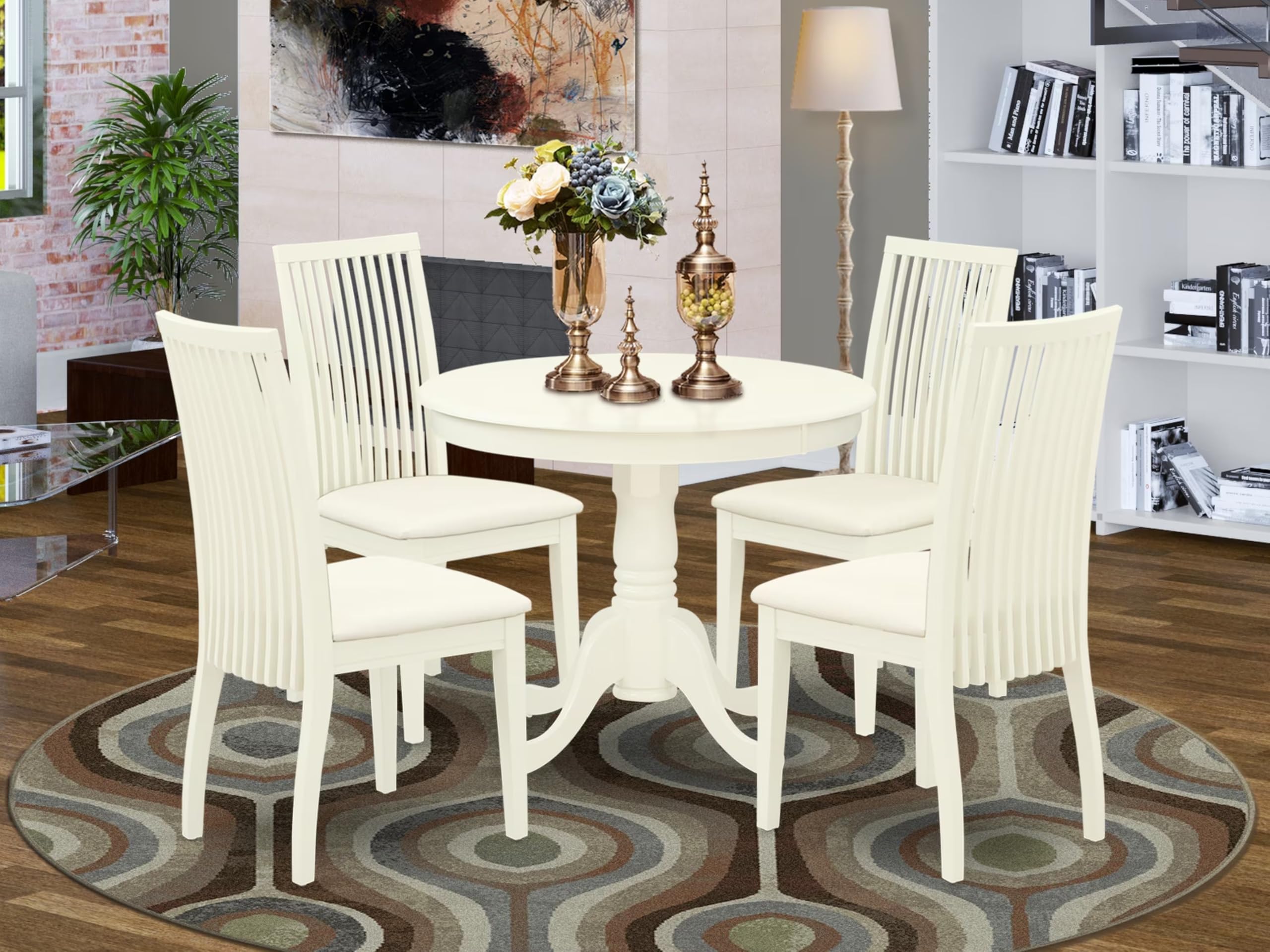 East West Furniture Anip5-Lwh-C 5 Piece Kitchen Table & Chairs Set Includes A Round Dining Room Table With Pedestal And 4 Linen Fabric Upholstered Chairs, 36X36 Inch, Linen White