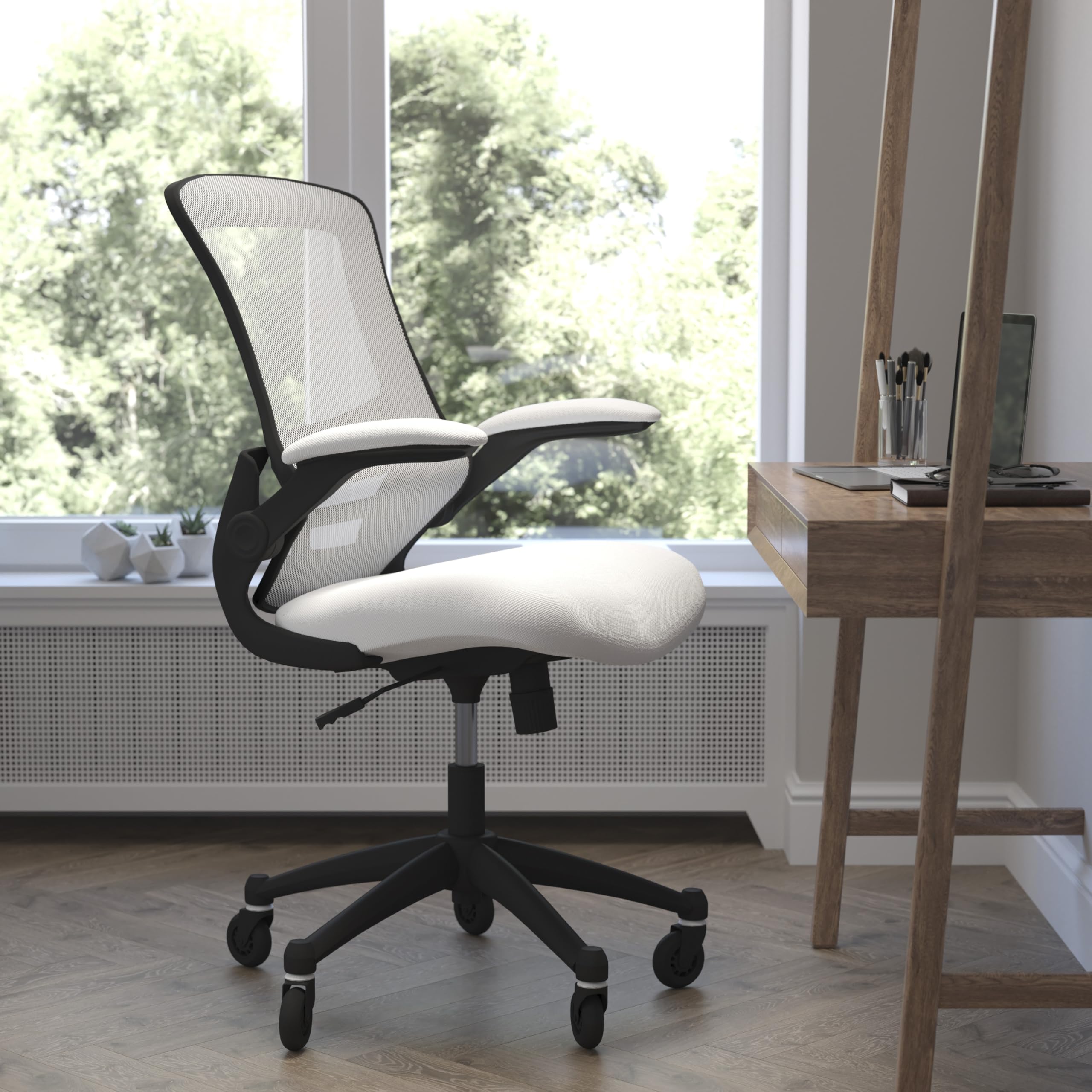 Flash Furniture Kelista Mid-Back White Mesh Swivel Ergonomic Task Office Chair With Flip-Up Arms And Transparent Roller Wheels