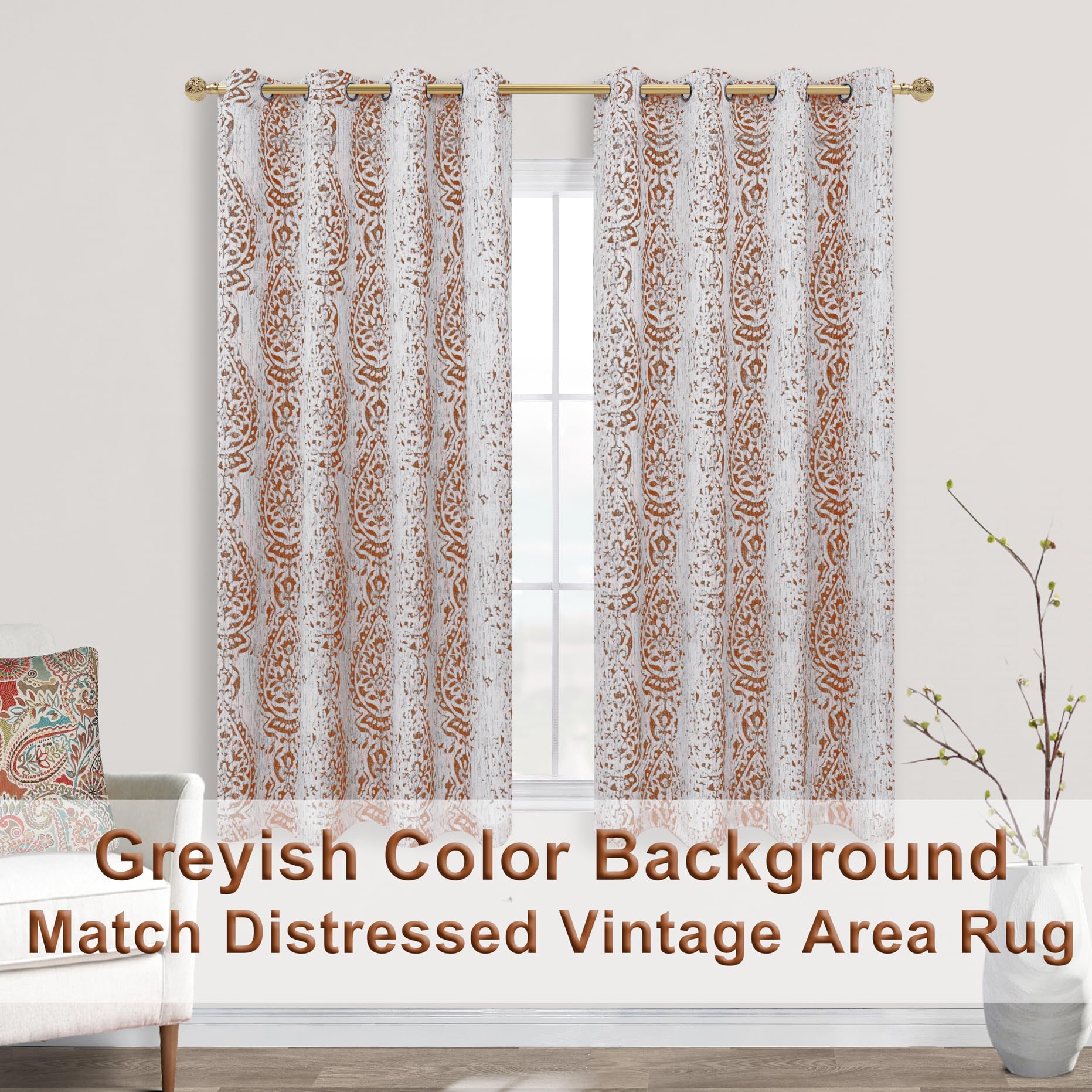 Mrs.Naturall Terracotta Damask Pattern Curtains For Living Room 52X45 Inch Length