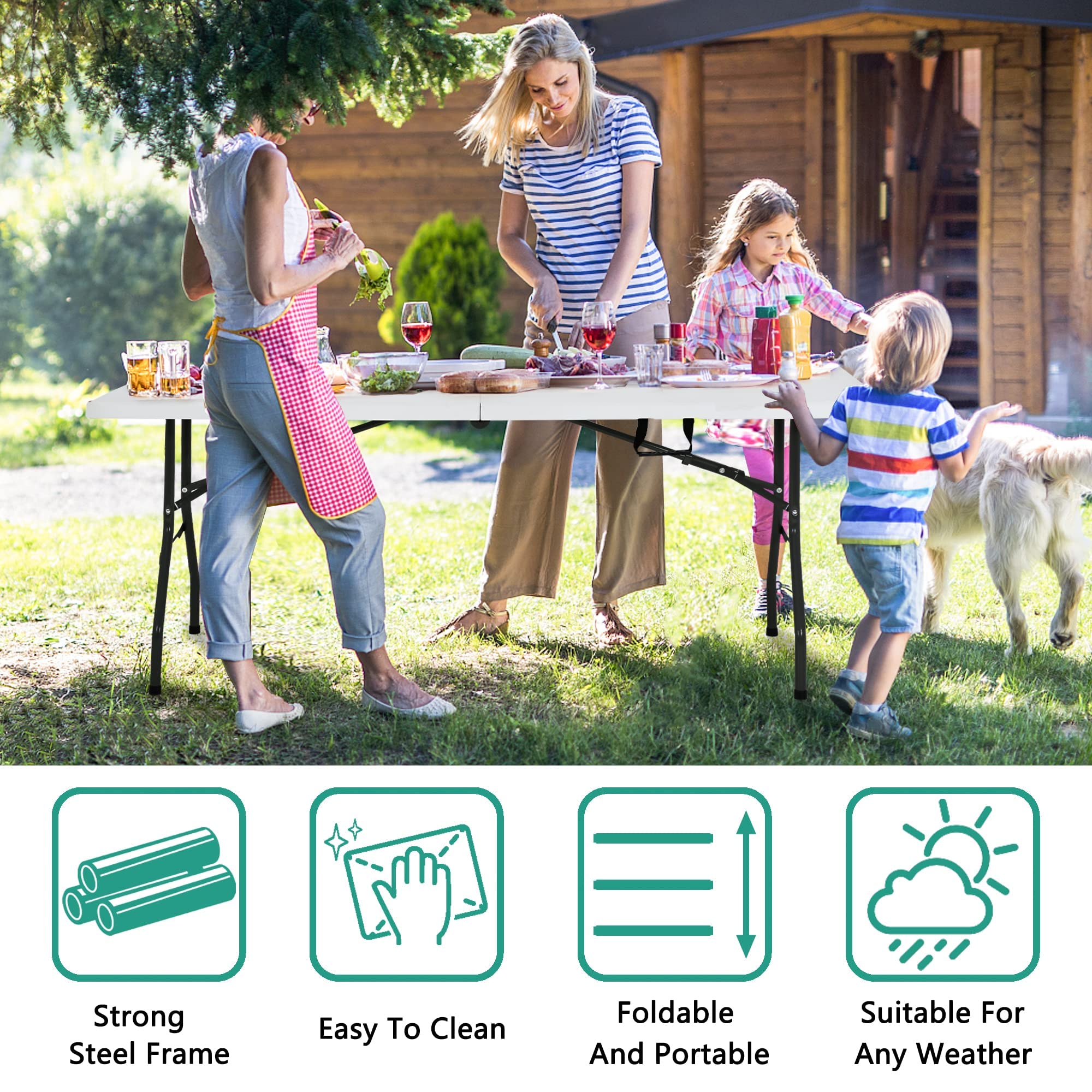 Camping Table Plastic Picnic Table Office Table For Parties Wedding Camping Office With Carrying Handle (6Ft)