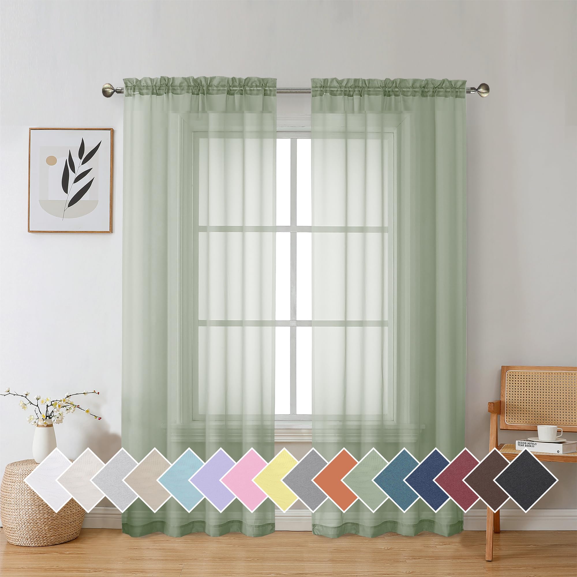Aiyufeng Sage Green Sheer Voile Window Treatment Rod Pocket Curtain Panels For Kitchen Bedroom Living Room Drapes Sunlight Filte